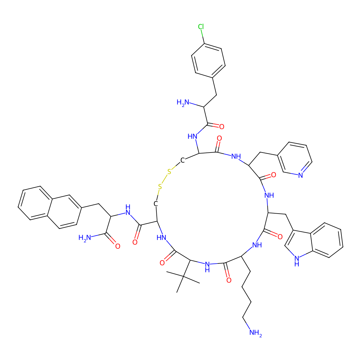 H-P-CHLORO-PHE-D-CYS-beta-(3-PYRIDYL)-ALA-D-TRP-LYS-TBU-GLY-CYS-2-NAL-NH2 molecular structure, CAS 209006-18-8