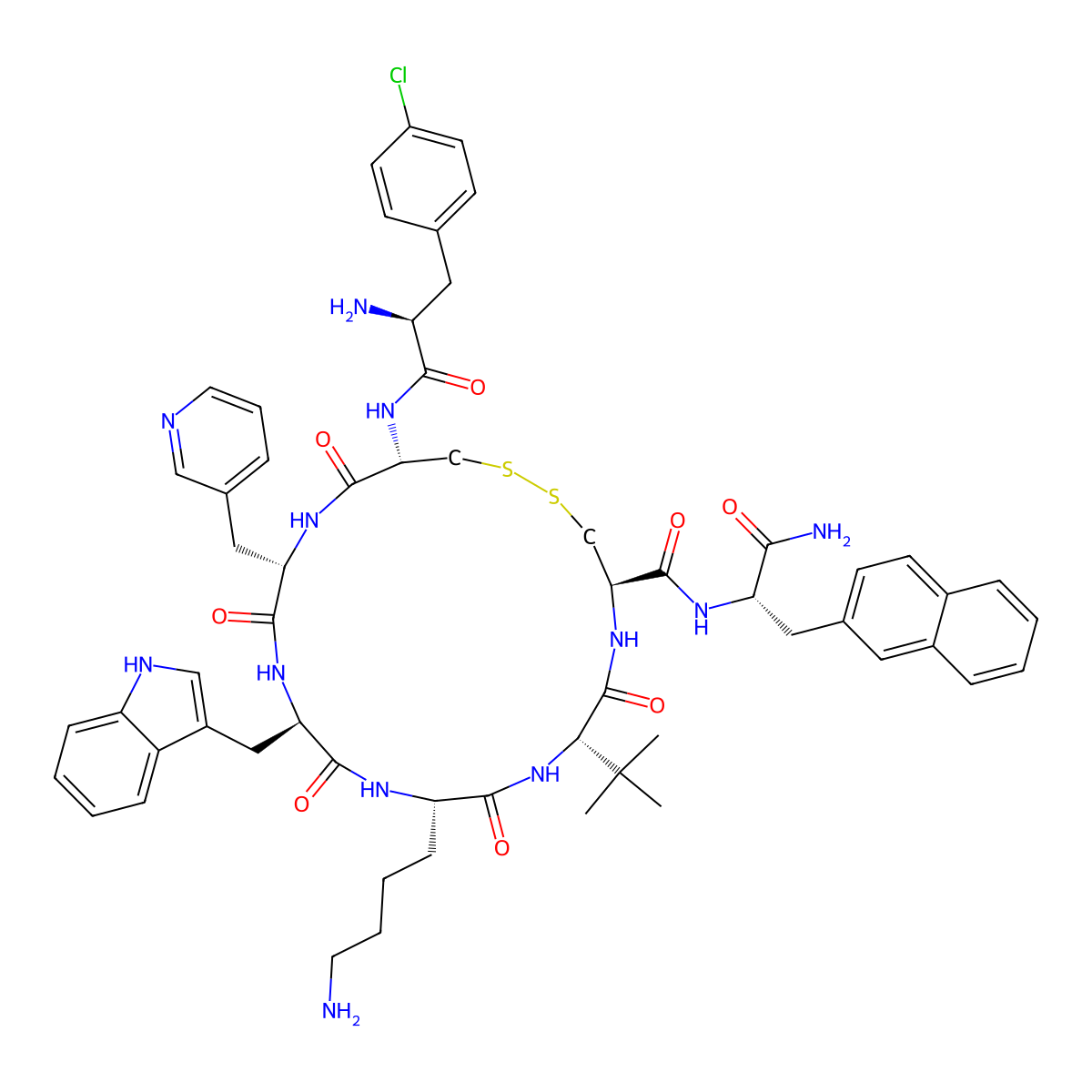 H-P-CHLORO-PHE-D-CYS-beta-(3-PYRIDYL)-ALA-D-TRP-LYS-TBU-GLY-CYS-2-NAL-NH2 molecular structure, CAS 209006-18-8