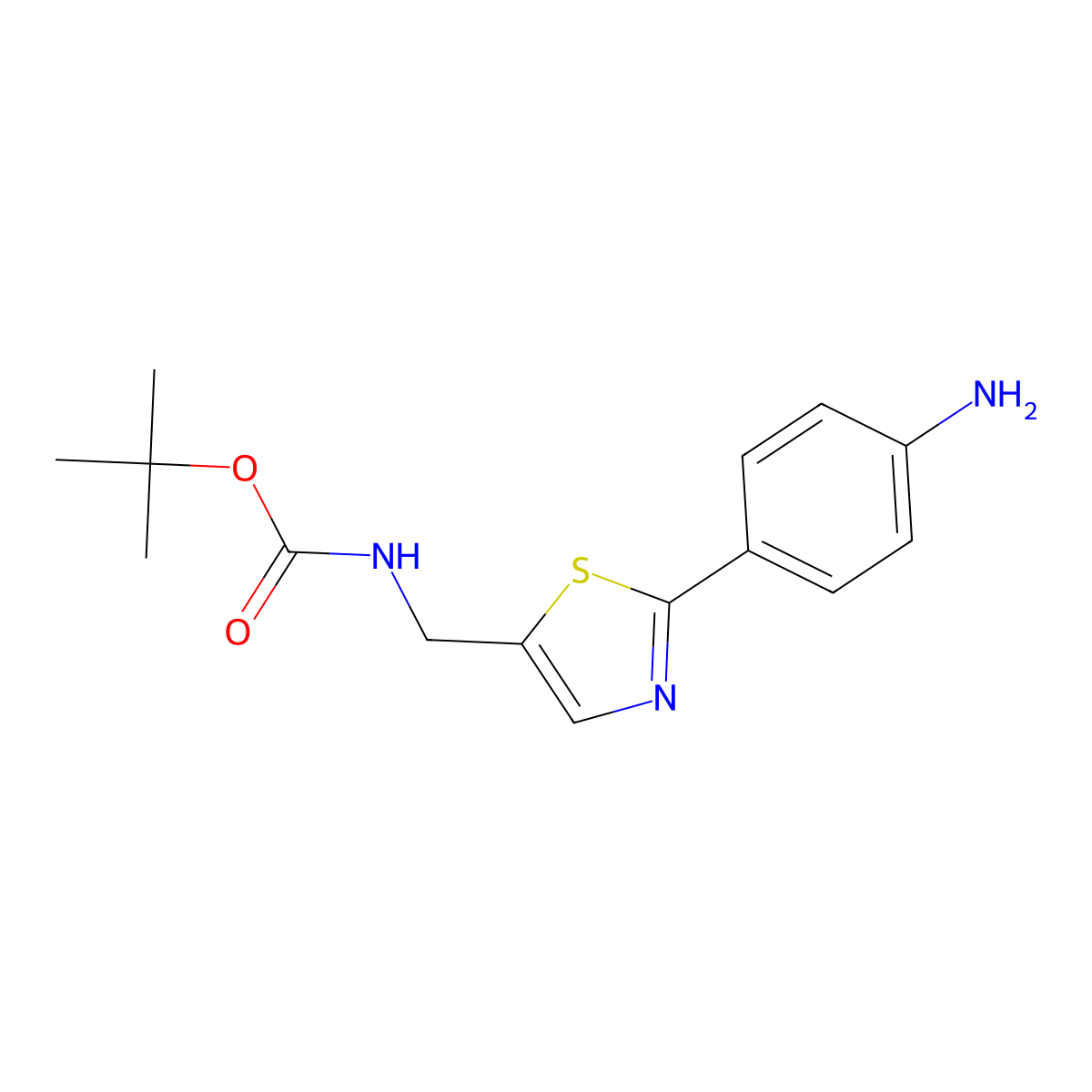 Tert-butyl ((2-(4-aminophenyl)thiazol-5-yl)methyl)carbamate molecular structure, CAS 2090074-61-4