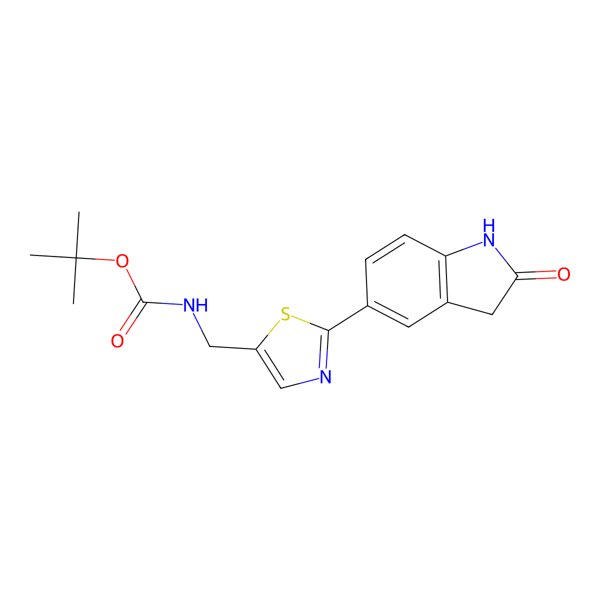 Tert-butyl ((2-(2-oxoindolin-5-yl)thiazol-5-yl)methyl)carbamate molecular structure, CAS 2090074-68-1
