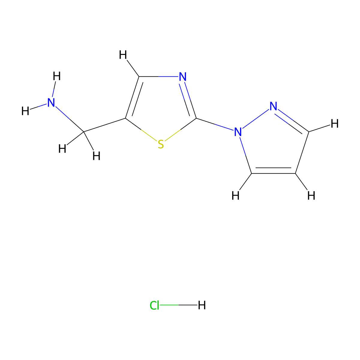 [2-(1H-pyrazol-1-yl)-1,3-thiazol-5-yl]methanamine hydrochloride molecular structure, CAS 2090075-70-8