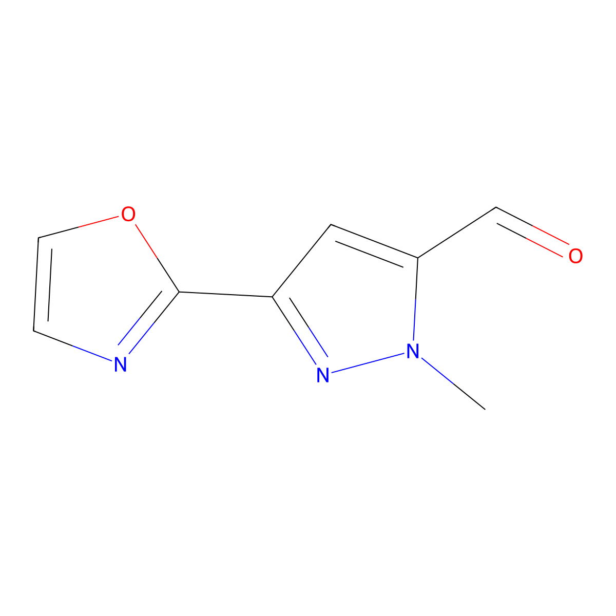 1-Methyl-3-(1,3-oxazol-2-yl)-1H-pyrazole-5-carbaldehyde molecular structure, CAS 2090222-43-6