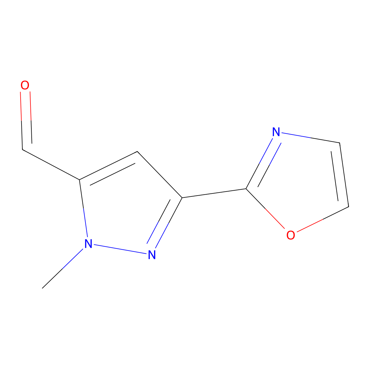 1-Methyl-3-(1,3-oxazol-2-yl)-1H-pyrazole-5-carbaldehyde molecular structure, CAS 2090222-43-6