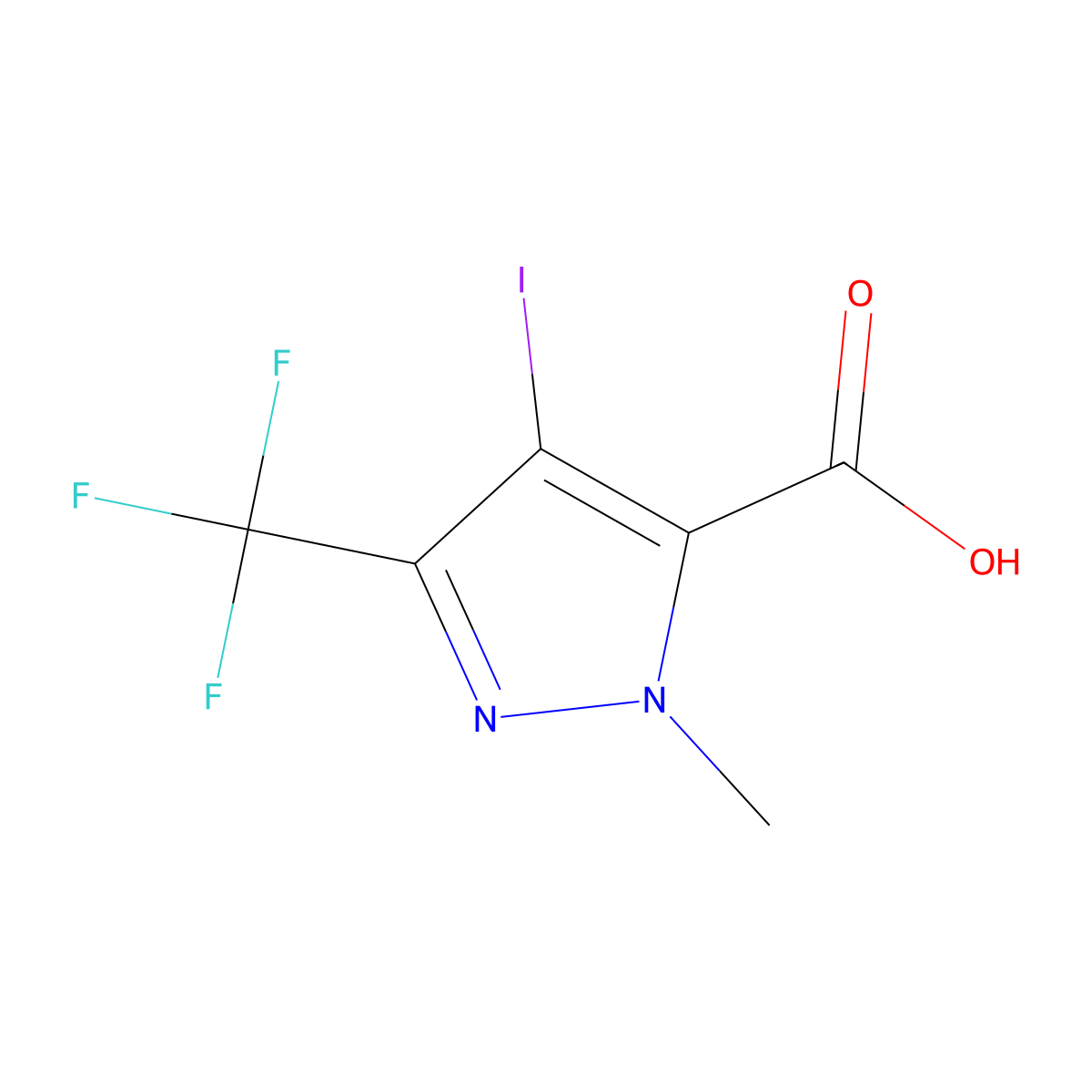 4-iodo-1-methyl-3-(trifluoromethyl)-1H-pyrazole-5-carboxylic acid molecular structure, CAS 2090266-91-2