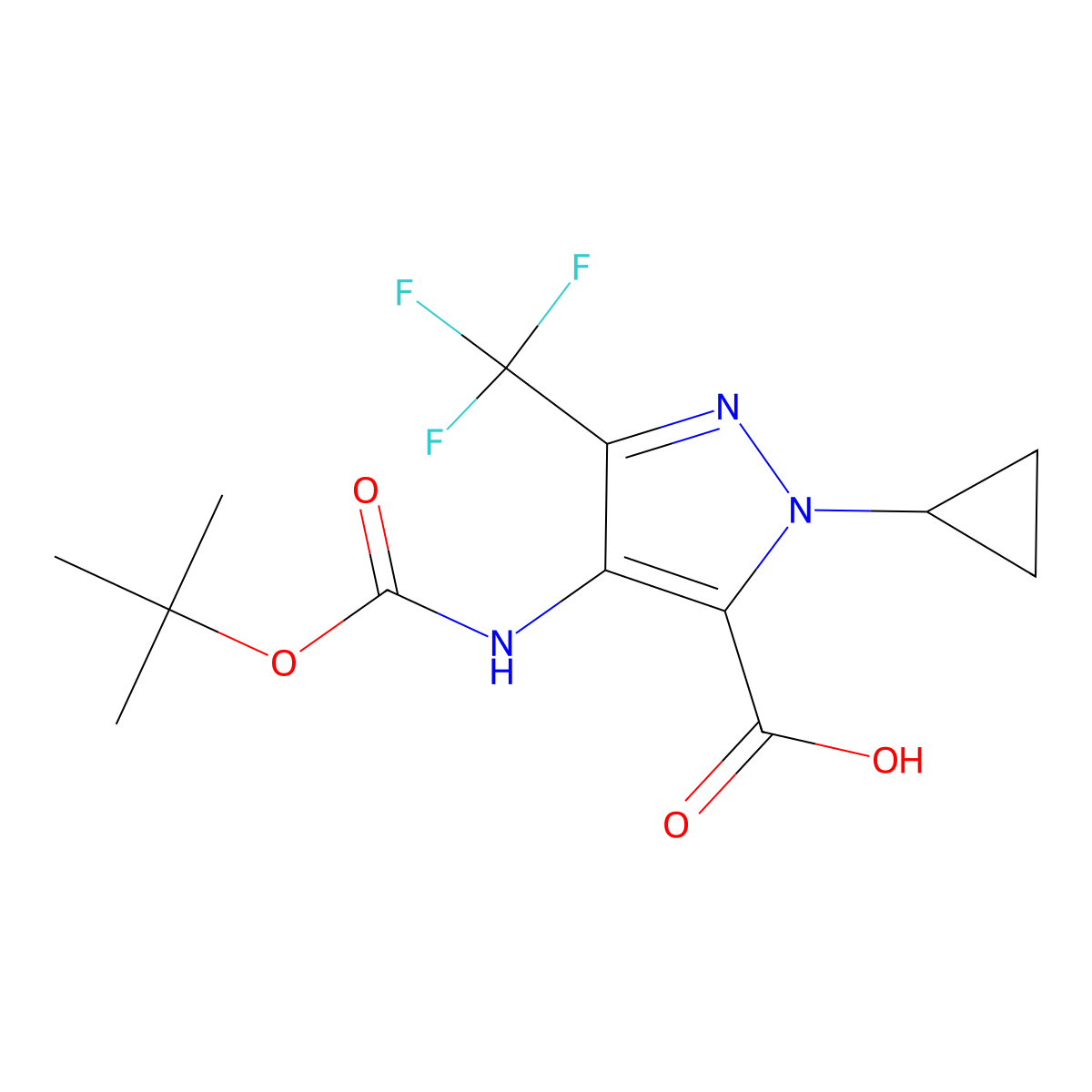 4-{[(tert-butoxy)carbonyl]amino}-1-cyclopropyl-3-(trifluoromethyl)-1H-pyrazole-5-carboxylic acid molecular structure, CAS 2090468-27-0