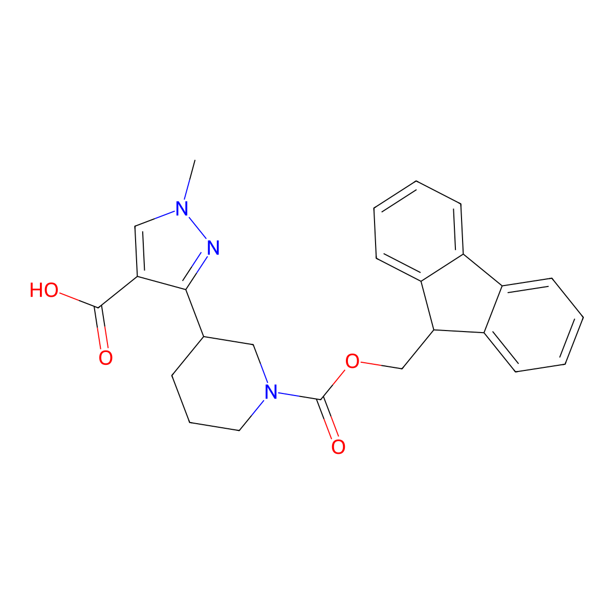 3-(1-{[(9H-fluoren-9-yl)methoxy]carbonyl}piperidin-3-yl)-1-methyl-1H-pyrazole-4-carboxylic acid molecular structure, CAS 2090493-52-8