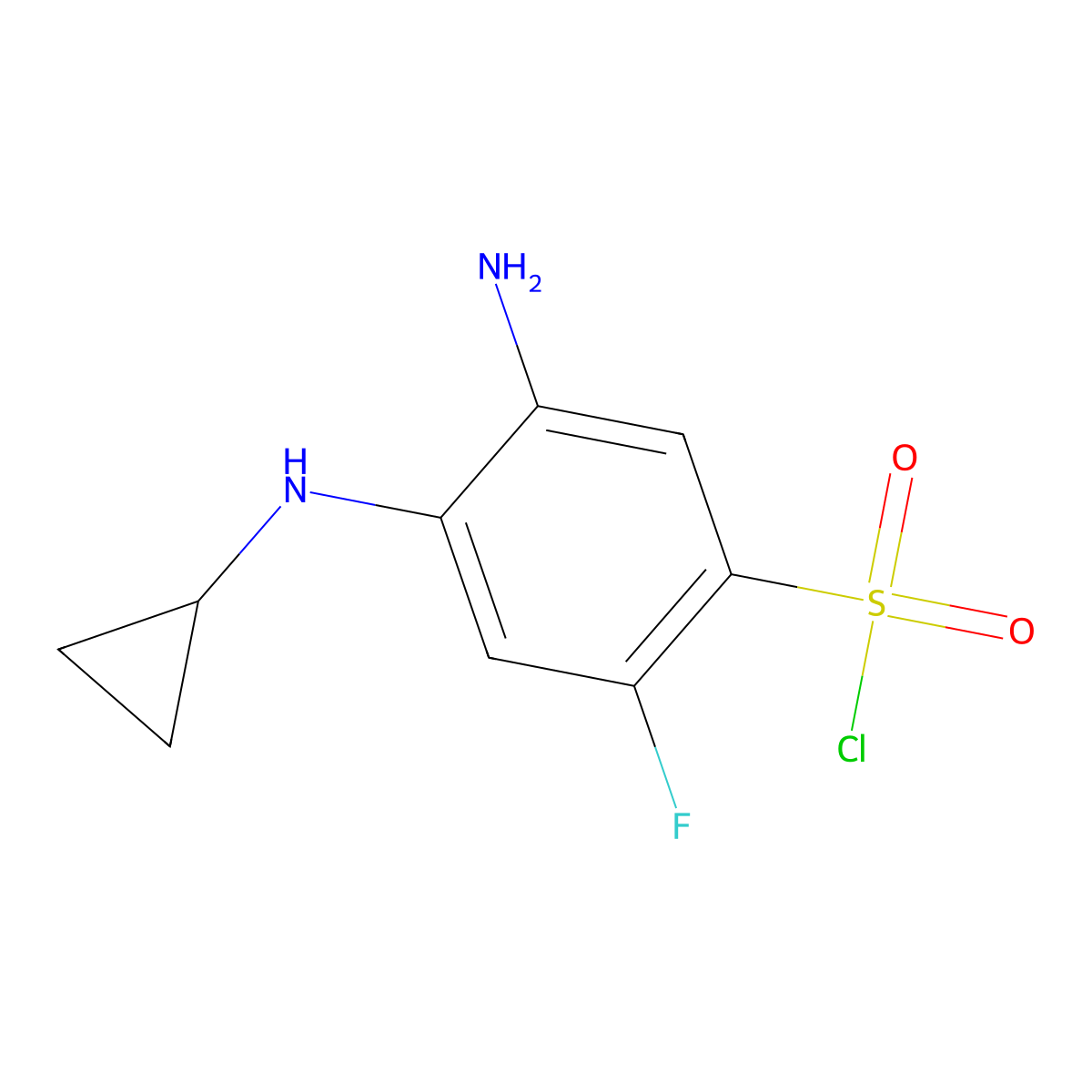 5-Amino-4-(cyclopropylamino)-2-fluorobenzene-1-sulfonyl chloride molecular structure, CAS 2090554-46-2