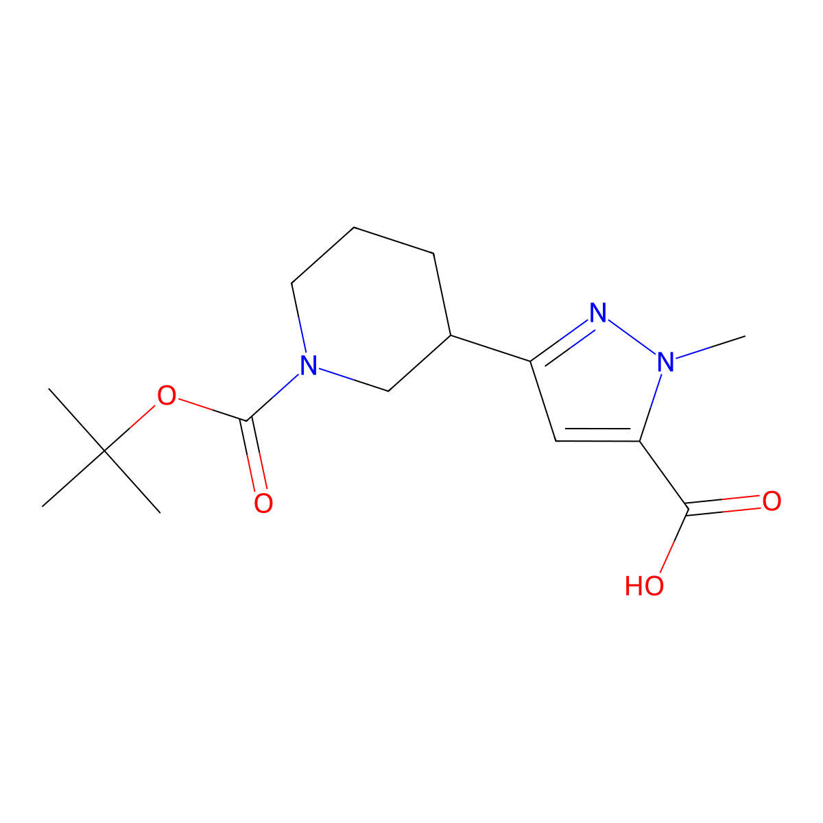 3-{1-[(tert-butoxy)carbonyl]piperidin-3-yl}-1-methyl-1H-pyrazole-5-carboxylic acid molecular structure, CAS 2090578-23-5
