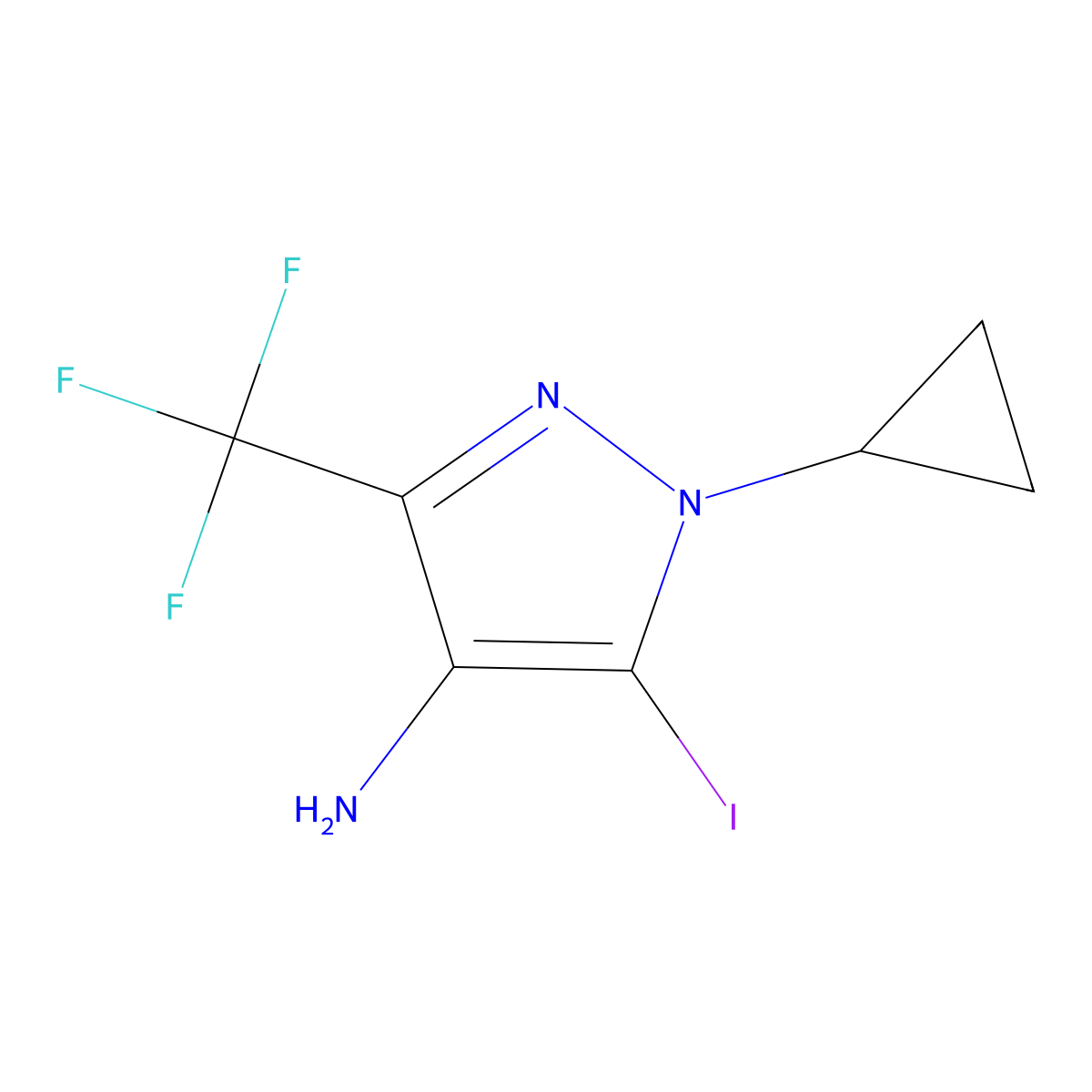 1-Cyclopropyl-5-iodo-3-(trifluoromethyl)-1H-pyrazol-4-amine molecular structure, CAS 2090722-48-6