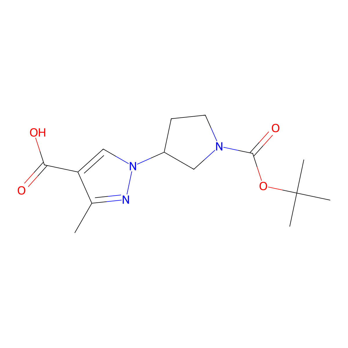 1-{1-[(tert-butoxy)carbonyl]pyrrolidin-3-yl}-3-methyl-1H-pyrazole-4-carboxylic acid molecular structure, CAS 2090724-46-0
