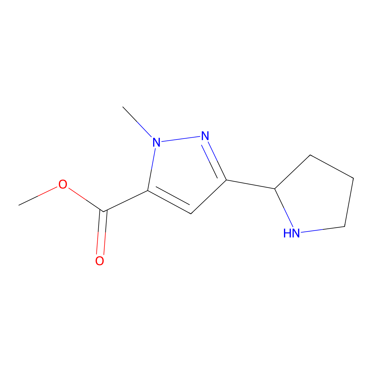 methyl 1-methyl-3-(pyrrolidin-2-yl)-1H-pyrazole-5-carboxylate molecular structure, CAS 2091071-90-6