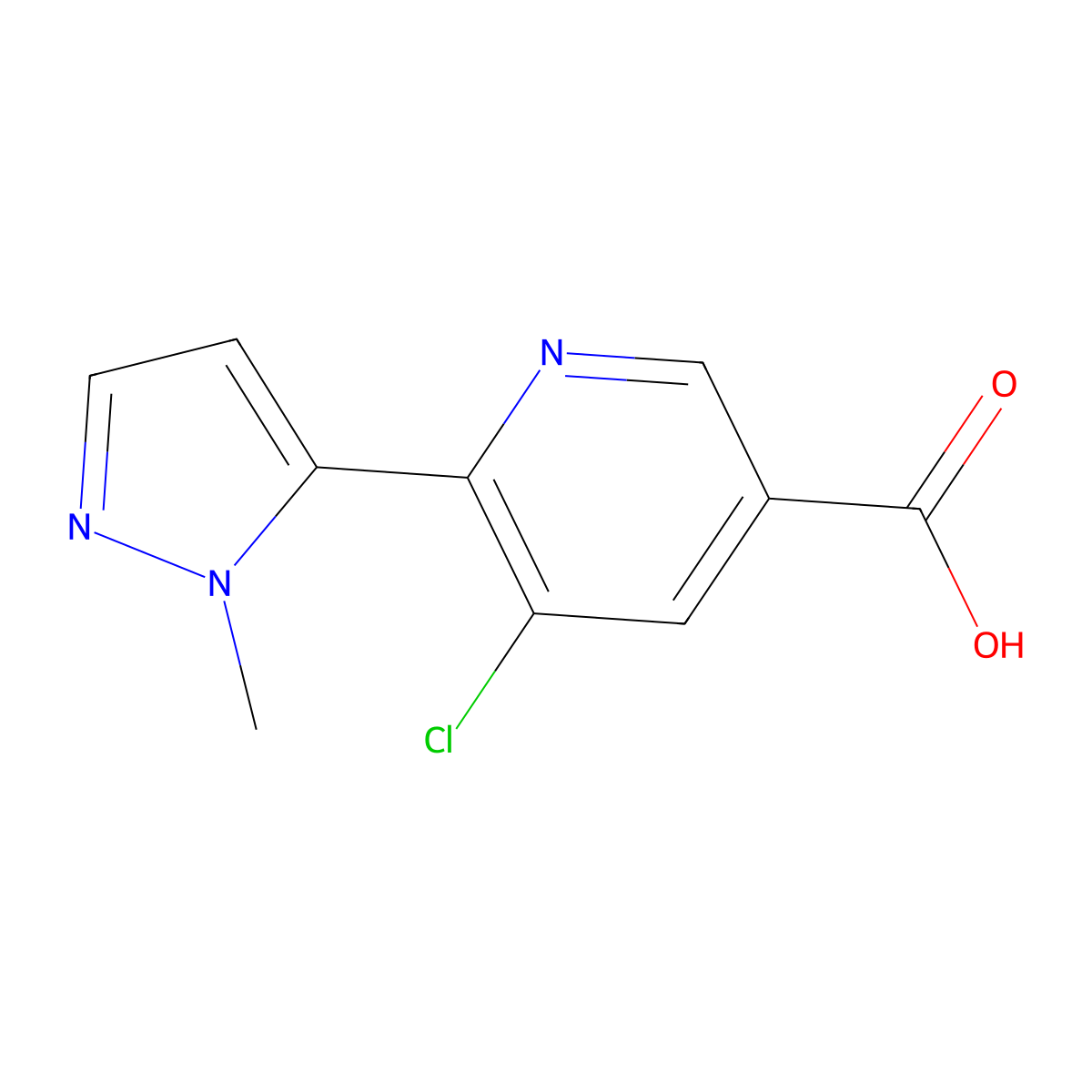 5-chloro-6-(1-methyl-1H-pyrazol-5-yl)pyridine-3-carboxylic acid molecular structure, CAS 2091100-26-2