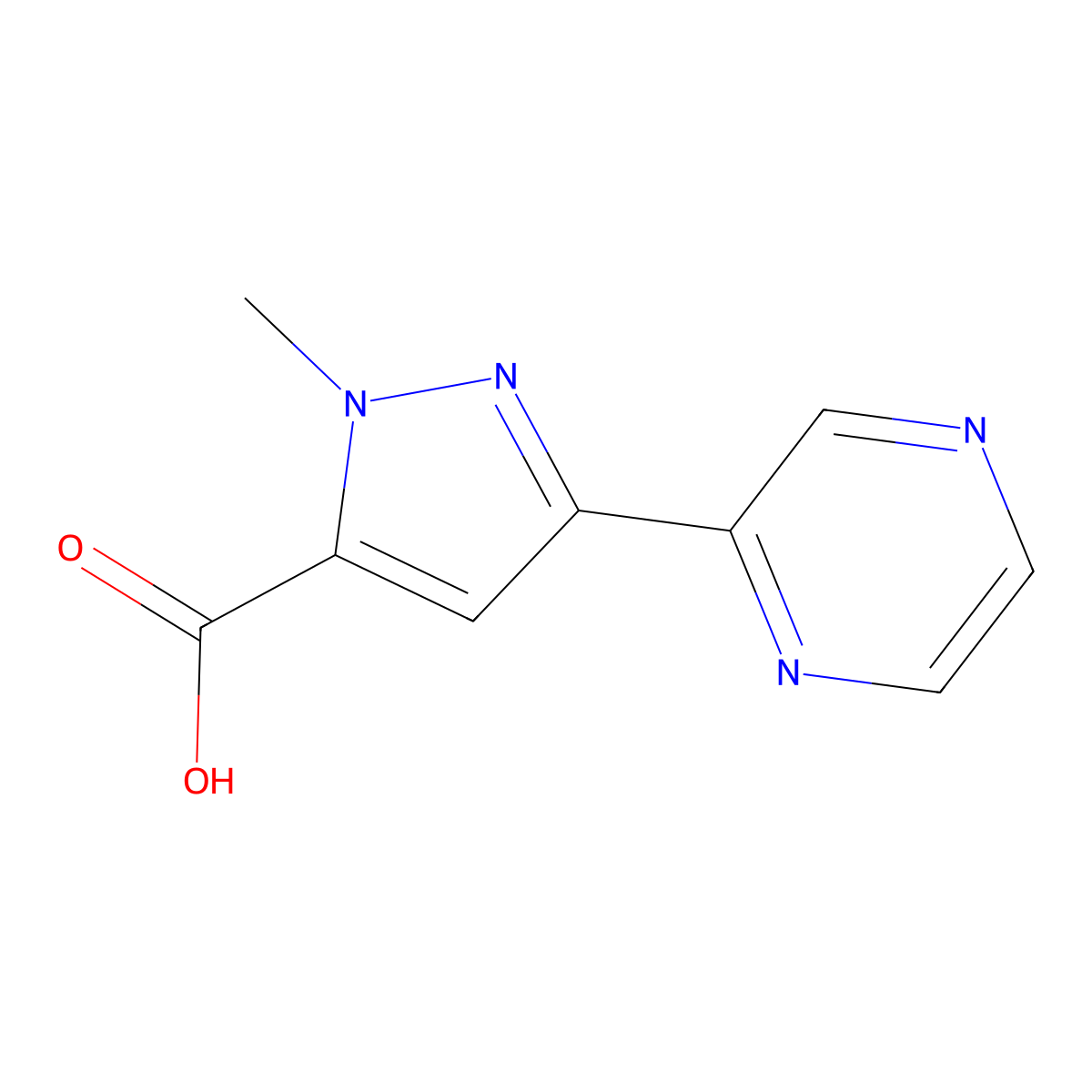 1-methyl-3-(pyrazin-2-yl)-1H-pyrazole-5-carboxylic acid molecular structure, CAS 2091184-83-5
