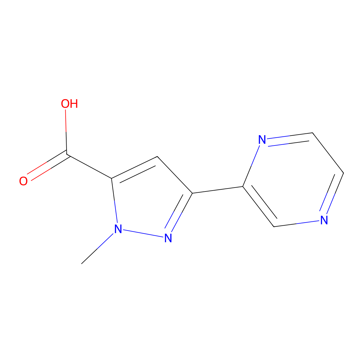 1-methyl-3-(pyrazin-2-yl)-1H-pyrazole-5-carboxylic acid molecular structure, CAS 2091184-83-5