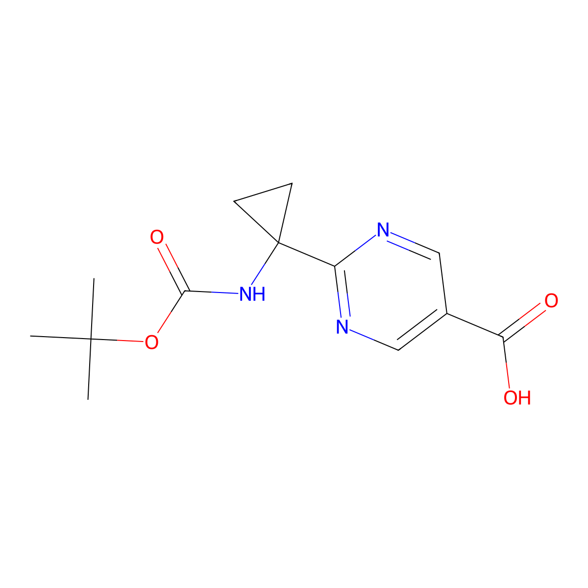 2-(1-{[(Tert-butoxy)carbonyl]amino}cyclopropyl)pyrimidine-5-carboxylic acid molecular structure, CAS 2091298-49-4
