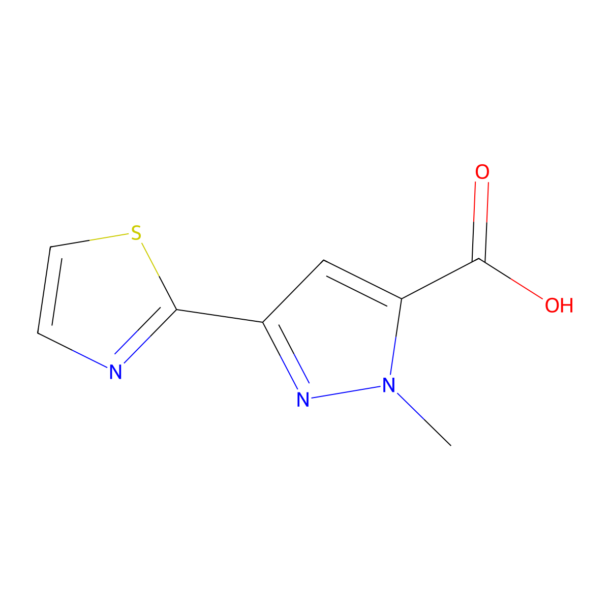 1-Methyl-3-(1,3-thiazol-2-yl)-1H-pyrazole-5-carboxylic acid molecular structure, CAS 2091356-79-3