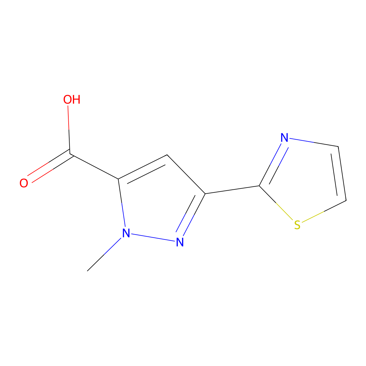 1-Methyl-3-(1,3-thiazol-2-yl)-1H-pyrazole-5-carboxylic acid molecular structure, CAS 2091356-79-3