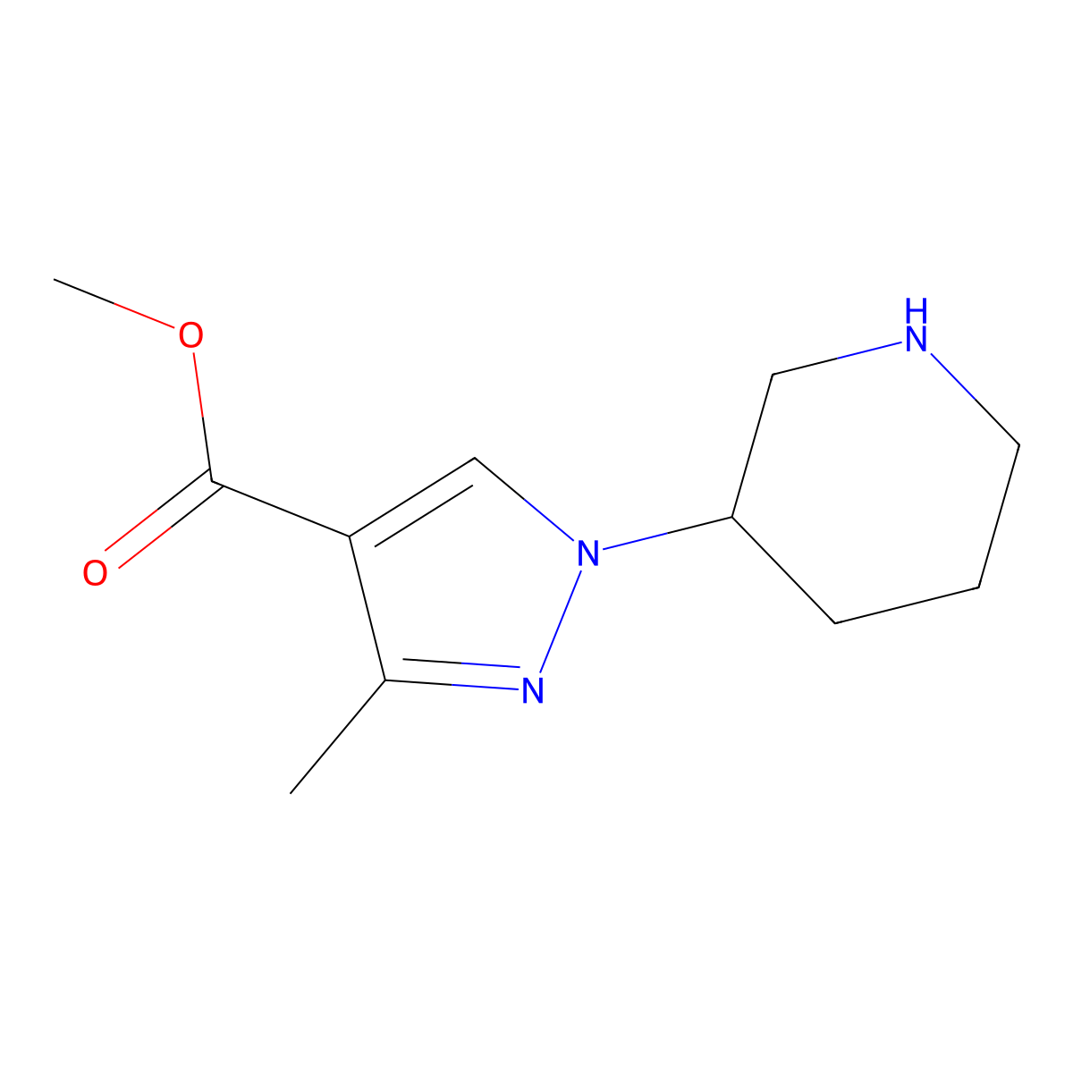 Methyl 3-methyl-1-(piperidin-3-yl)-1H-pyrazole-4-carboxylate molecular structure, CAS 2091399-75-4