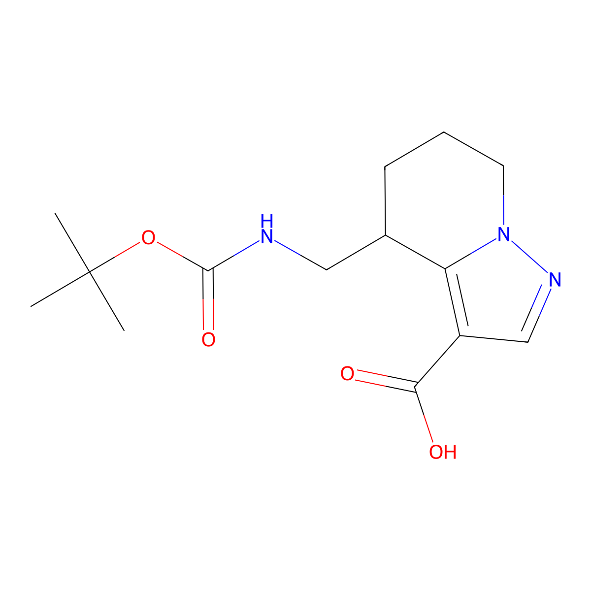 4-((((tert-butoxy)carbonyl)amino)methyl)-4H,5H,6H,7H-pyrazolo(1,5-a)pyridine-3-carboxylic acid molecular structure, CAS 2091419-29-1