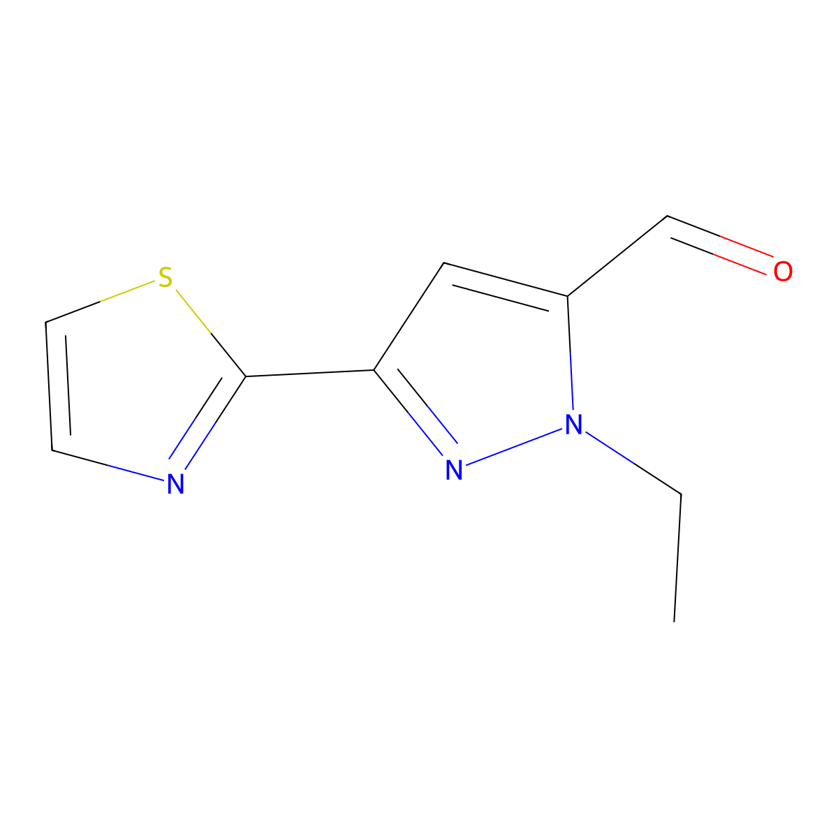 1-Ethyl-3-(1,3-thiazol-2-yl)-1H-pyrazole-5-carbaldehyde molecular structure, CAS 2091446-87-4