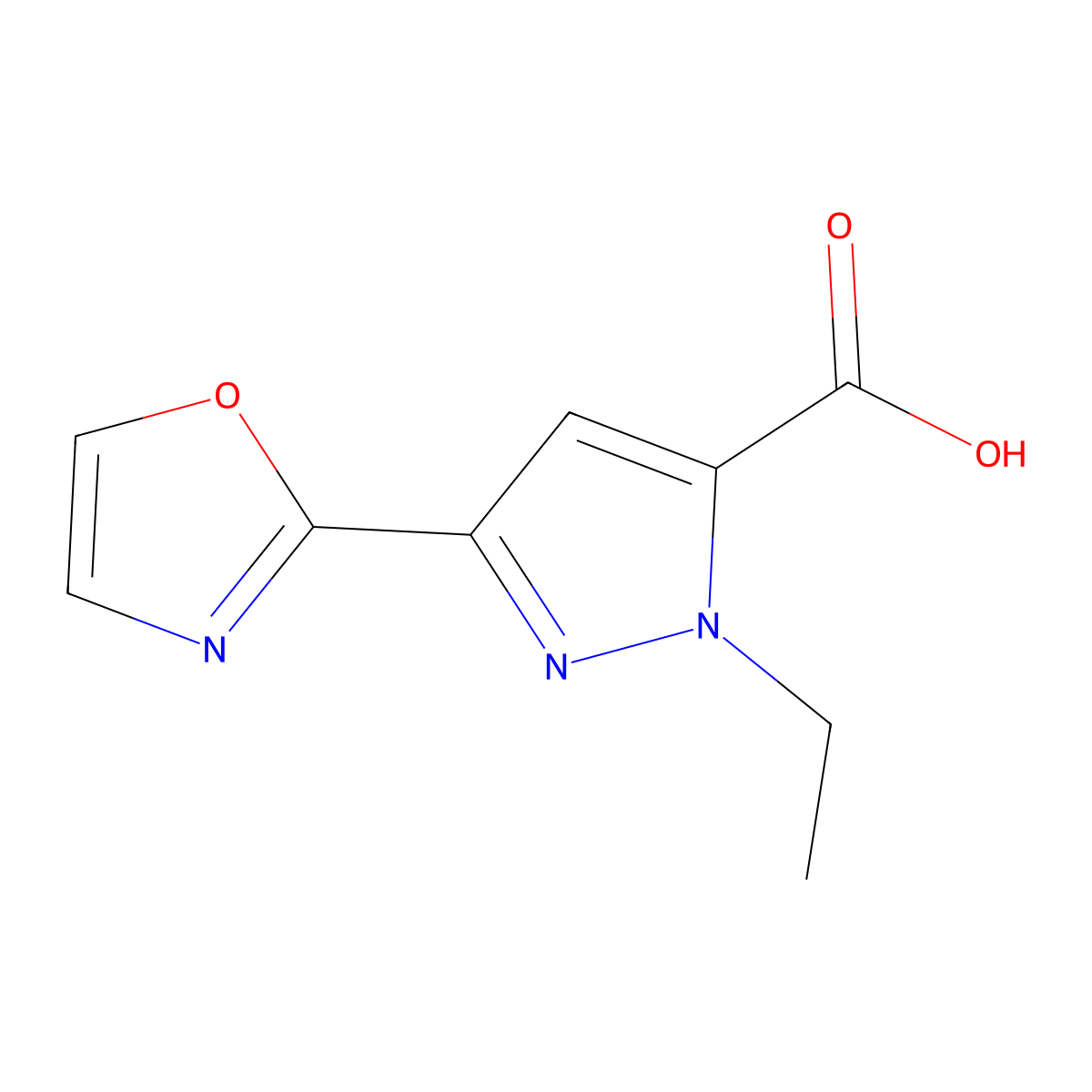 1-Ethyl-3-(1,3-oxazol-2-yl)-1H-pyrazole-5-carboxylic acid molecular structure, CAS 2091446-95-4