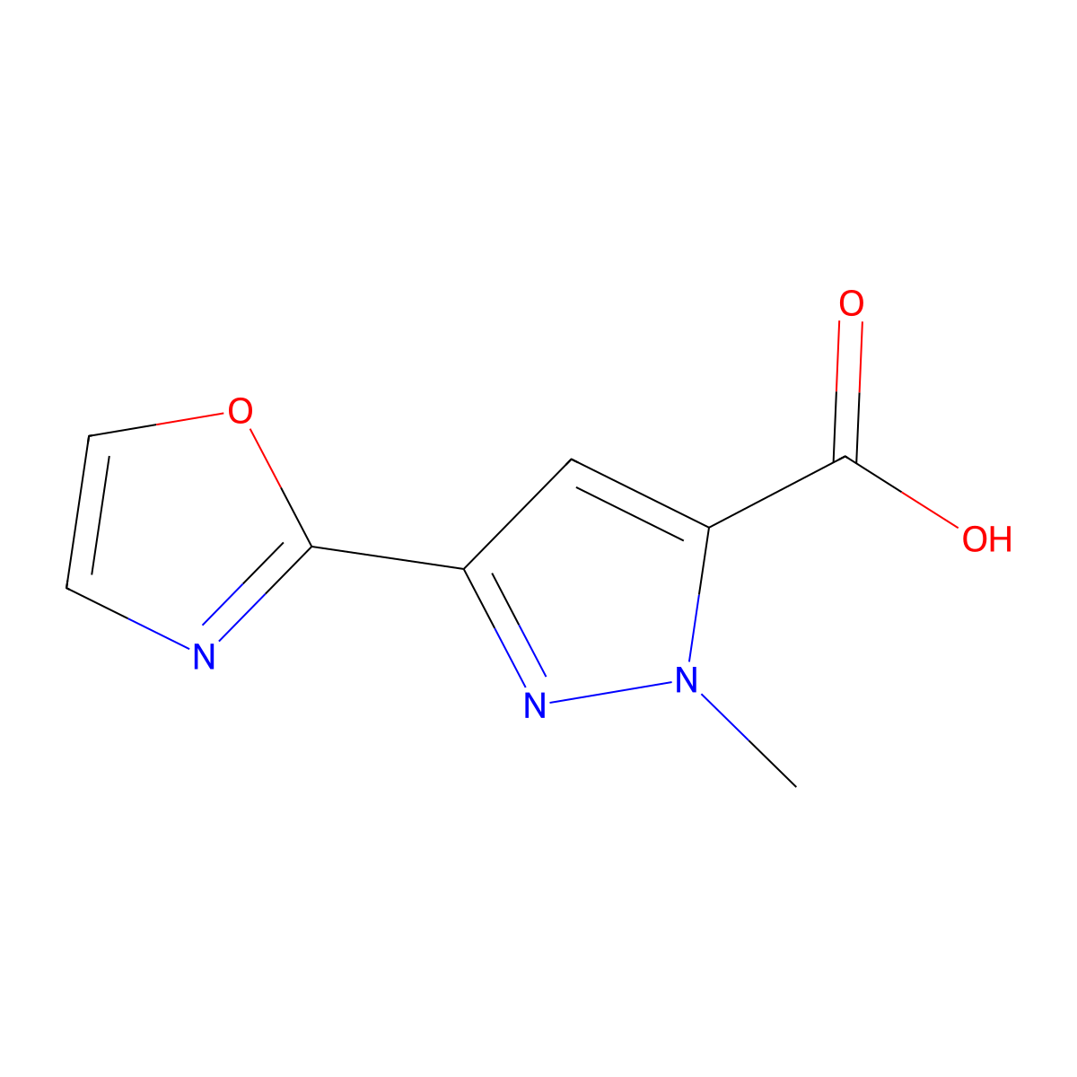 1-Methyl-3-(1,3-oxazol-2-yl)-1H-pyrazole-5-carboxylic acid molecular structure, CAS 2091447-00-4