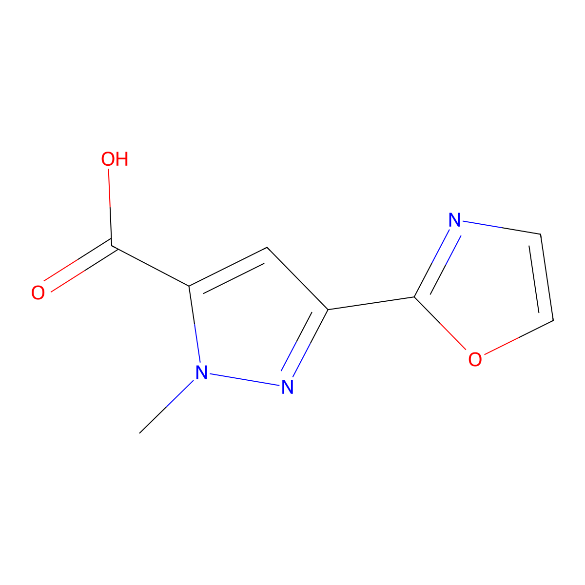 1-Methyl-3-(1,3-oxazol-2-yl)-1H-pyrazole-5-carboxylic acid molecular structure, CAS 2091447-00-4