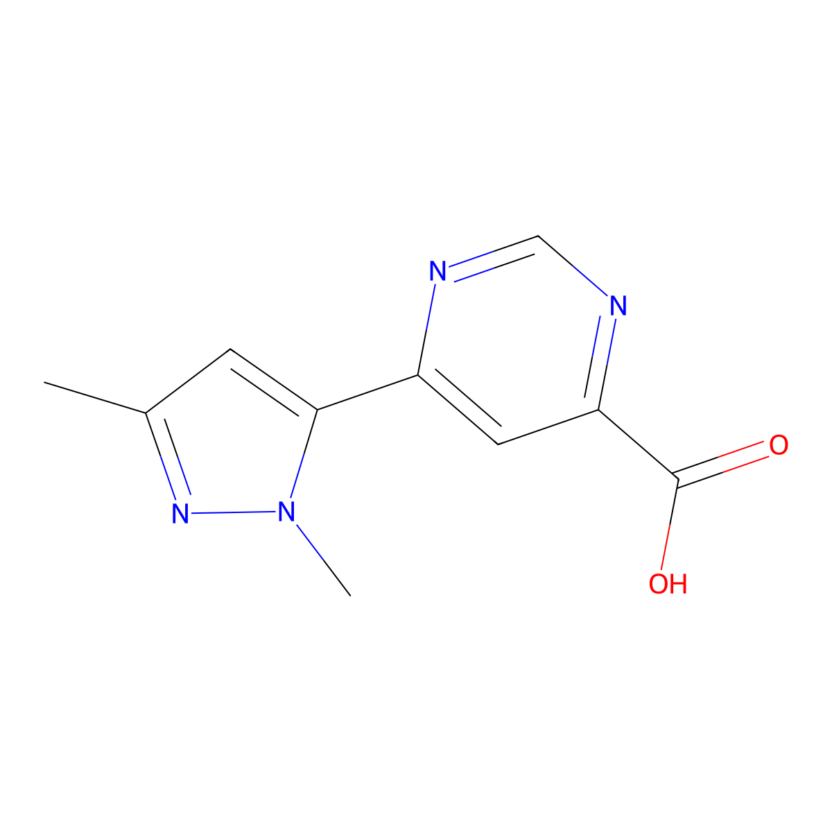6-(1,3-dimethyl-1H-pyrazol-5-yl)pyrimidine-4-carboxylic acid molecular structure, CAS 2091608-24-9