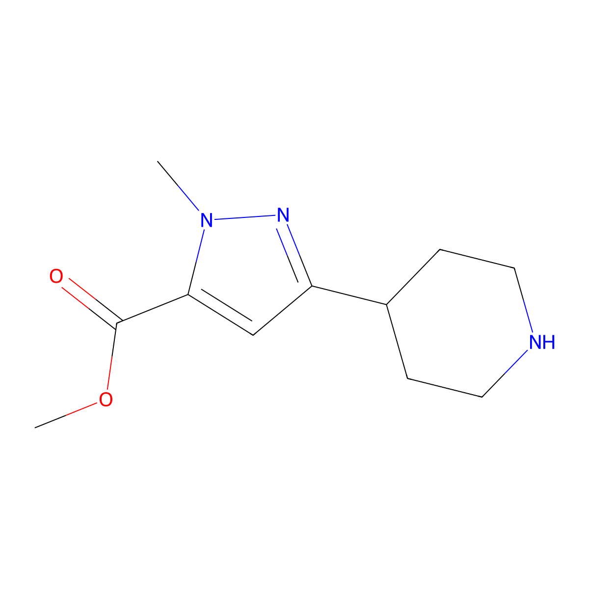 methyl 1-methyl-3-(piperidin-4-yl)-1H-pyrazole-5-carboxylate molecular structure, CAS 2091705-08-5