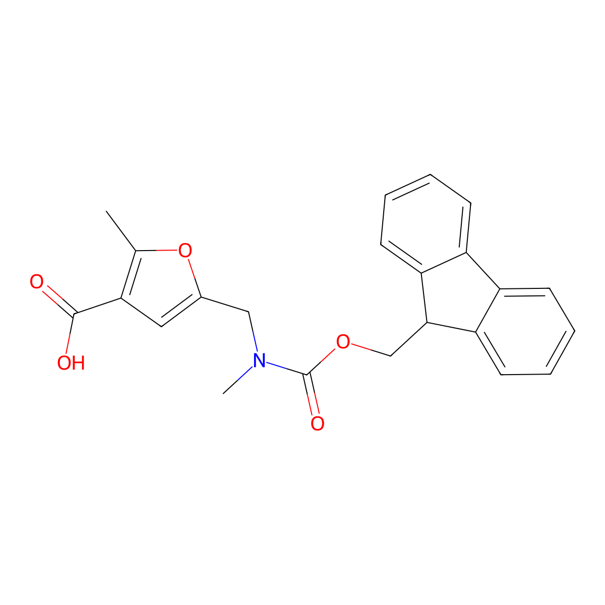5-[({[(9H-fluoren-9-yl)methoxy]carbonyl}(methyl)amino)methyl]-2-methylfuran-3-carboxylic acid molecular structure, CAS 2091750-79-5