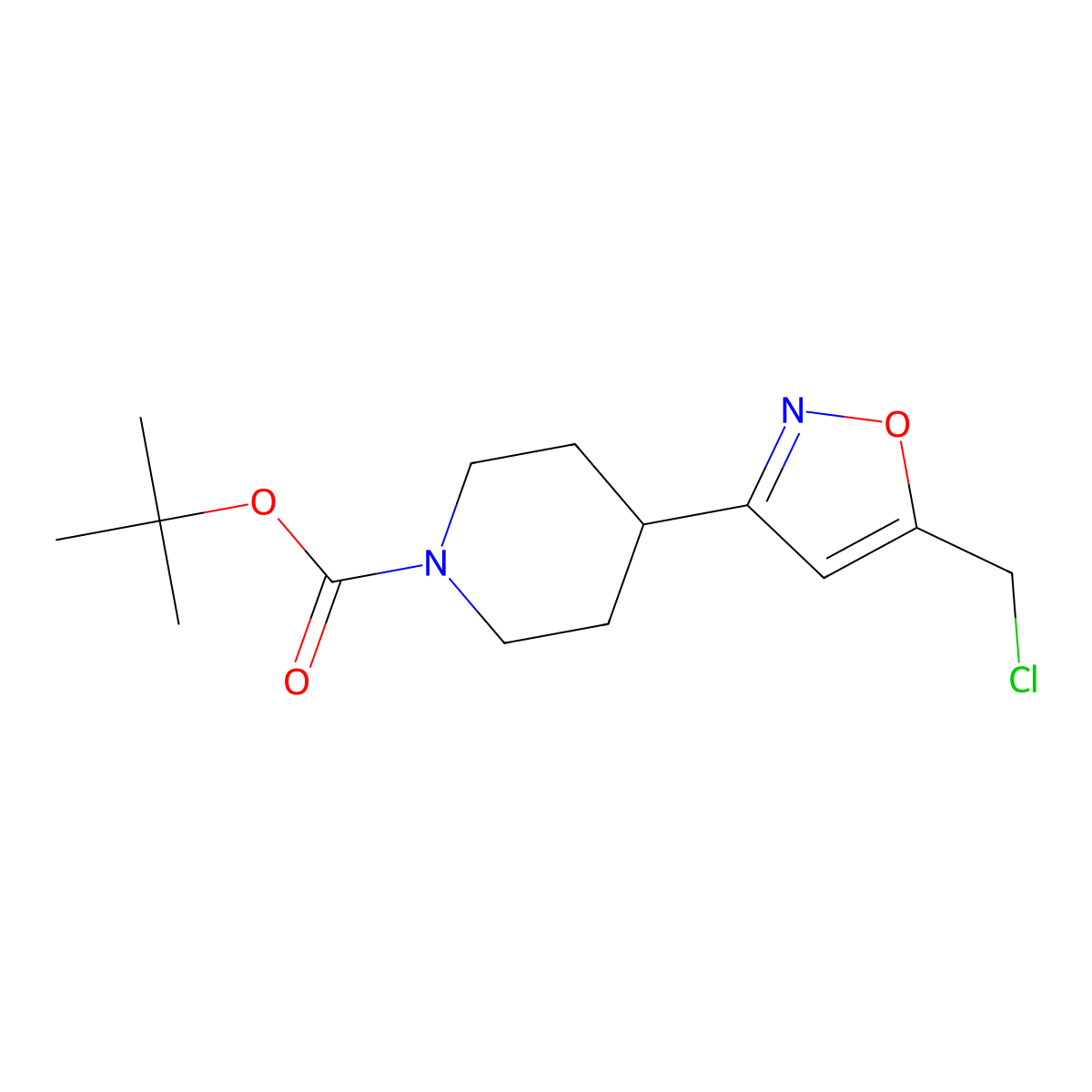 Tert-butyl 4-[5-(chloromethyl)-1,2-oxazol-3-yl]piperidine-1-carboxylate molecular structure, CAS 2091871-85-9