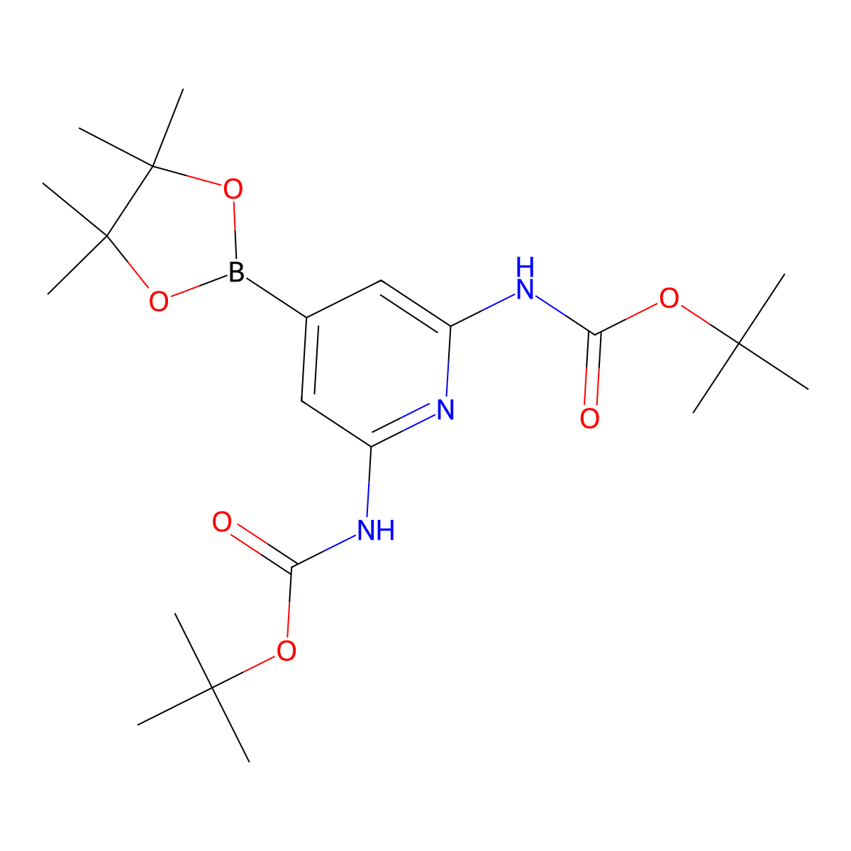 tert-butyl N-(6-{[(tert-butoxy)carbonyl]amino}-4-(tetramethyl-1,3,2-dioxaborolan-2-yl)pyridin-2-yl)carbamate molecular structure, CAS 2091886-28-9