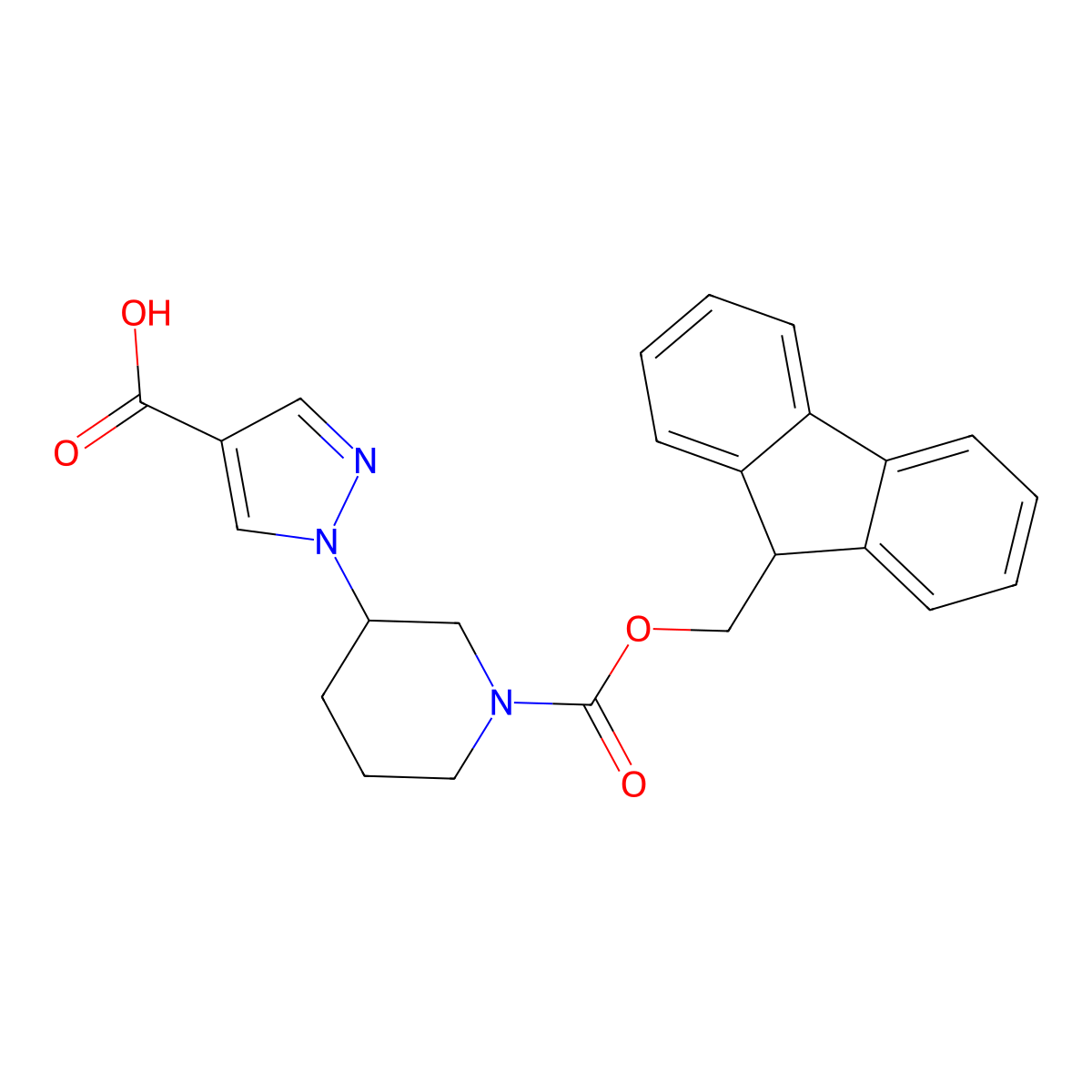 1-(1-(((9H-fluoren-9-yl)methoxy)carbonyl)piperidin-3-yl)-1H-pyrazole-4-carboxylic acid molecular structure, CAS 2091896-93-2