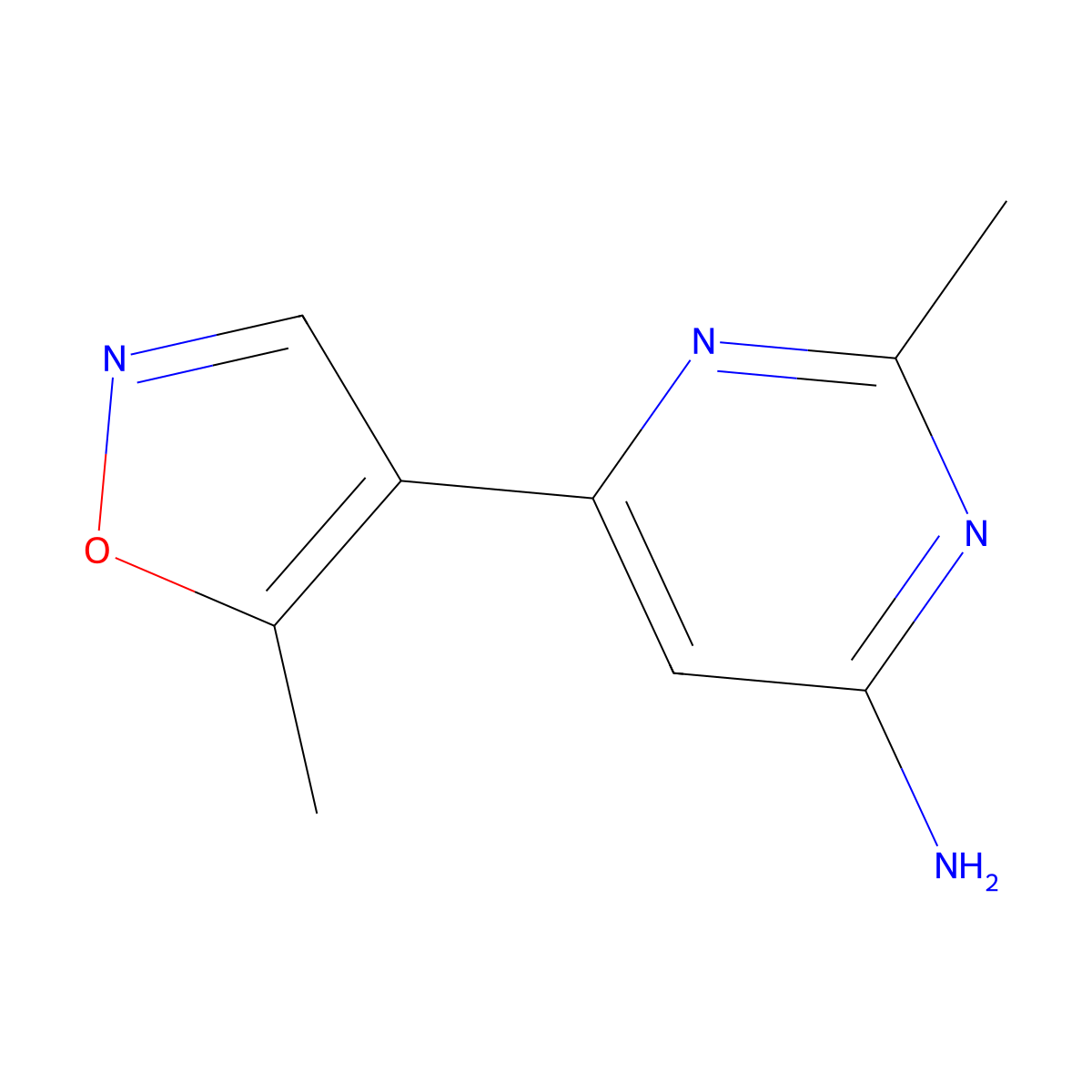 2-Methyl-6-(5-methyl-1,2-oxazol-4-yl)pyrimidin-4-amine molecular structure, CAS 2092093-92-8