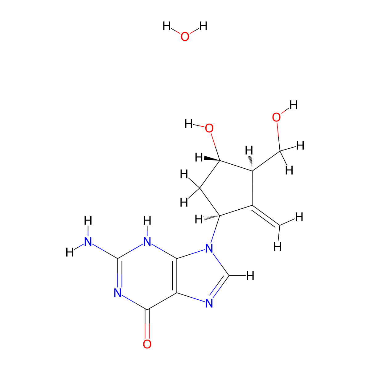 2-amino-9-[(1S,3R,4S)-4-hydroxy-3-(hydroxymethyl)-2-methylidenecyclopentyl]-3H-purin-6-one;hydrate molecular structure, CAS 209216-23-9