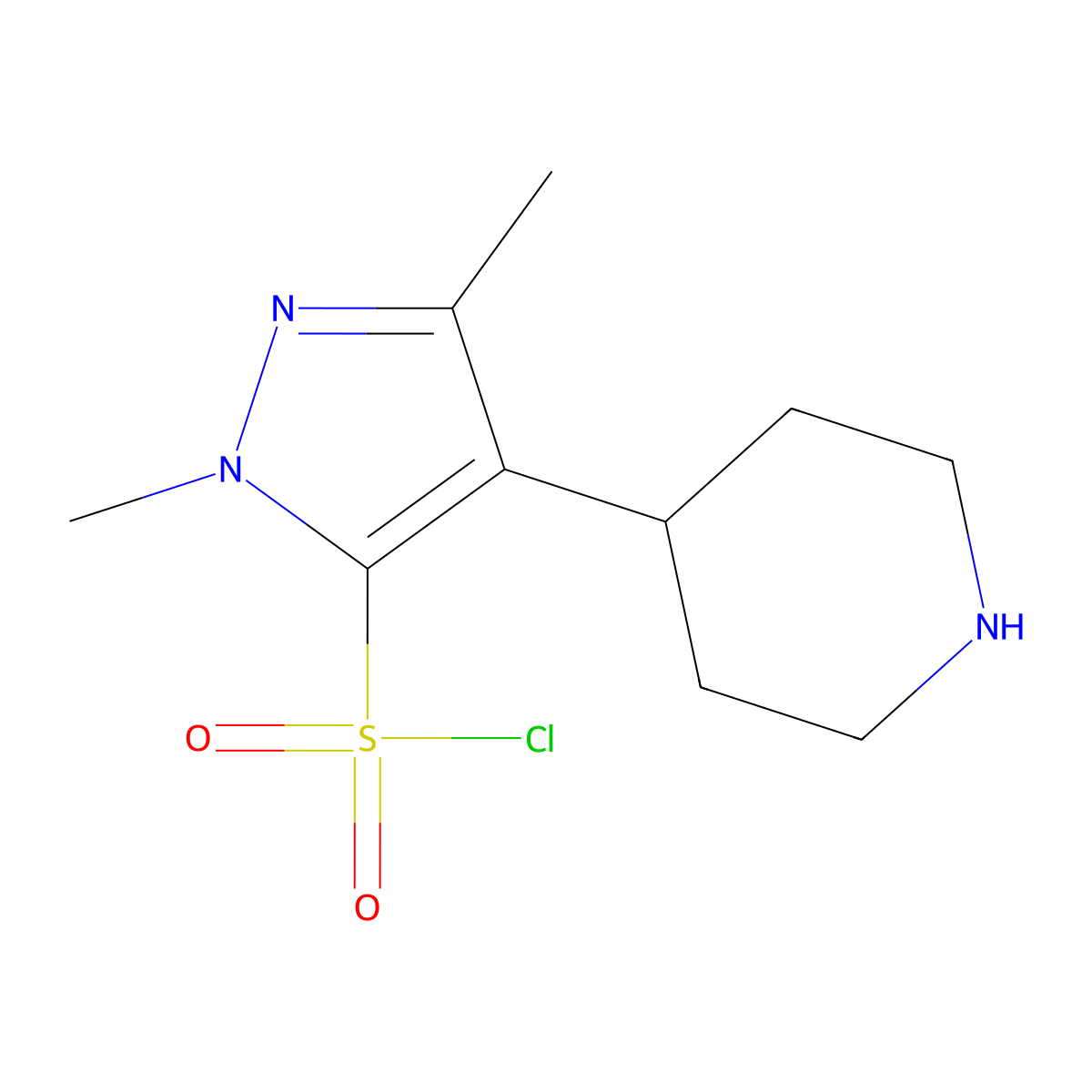 1,3-Dimethyl-4-(piperidin-4-yl)-1H-pyrazole-5-sulfonylchloride molecular structure, CAS 2092166-50-0