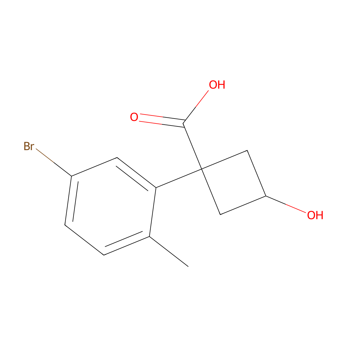 1-(5-Bromo-2-methylphenyl)-3-hydroxycyclobutane-1-carboxylic acid molecular structure, CAS 2092334-57-9