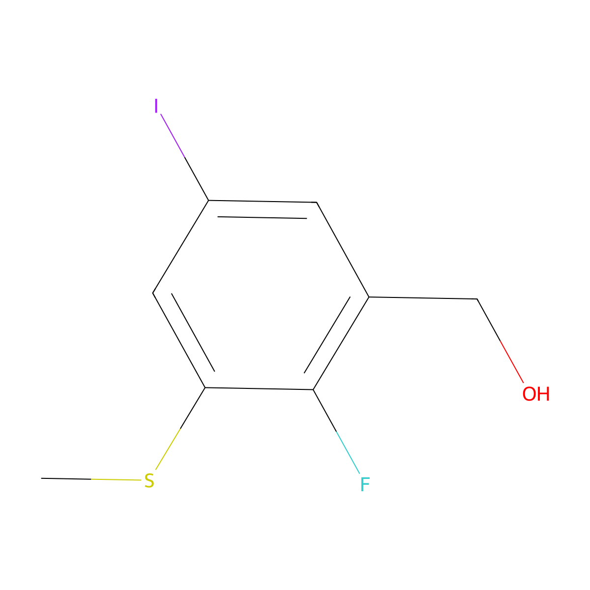 (2-Fluoro-5-iodo-3-(methylthio)phenyl)methanol molecular structure, CAS 2092373-82-3
