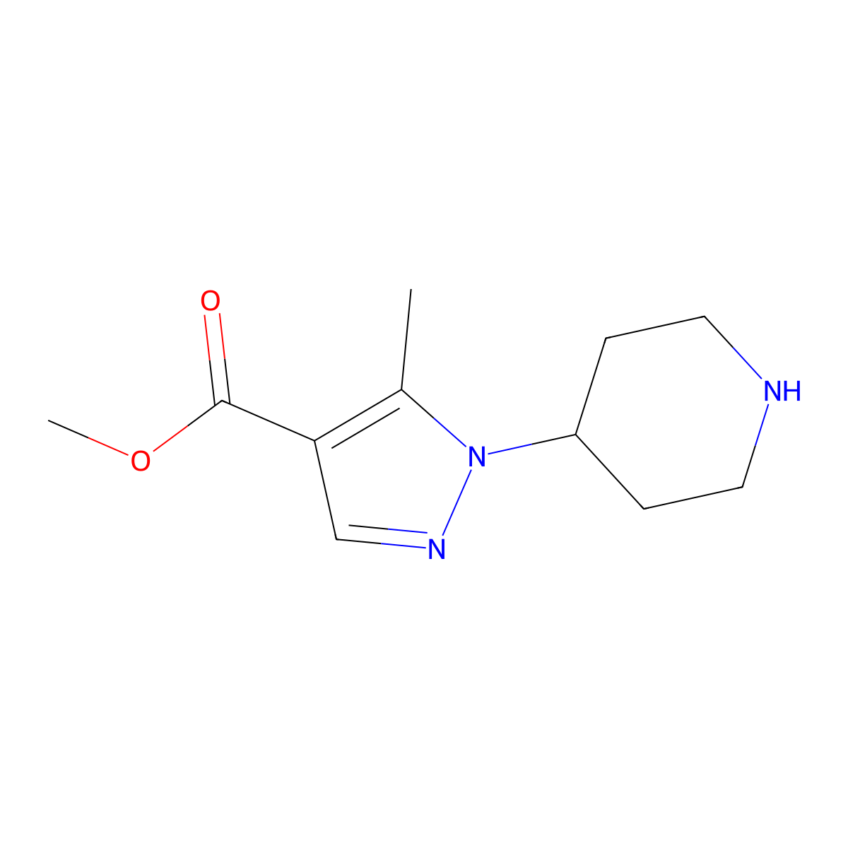 methyl 5-methyl-1-(piperidin-4-yl)-1H-pyrazole-4-carboxylate molecular structure, CAS 2092390-02-6