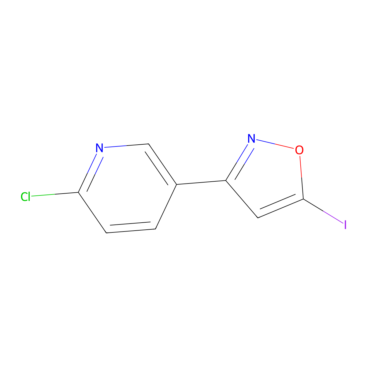 2-Chloro-5-(5-iodo-1,2-oxazol-3-yl)pyridine molecular structure, CAS 2092543-98-9