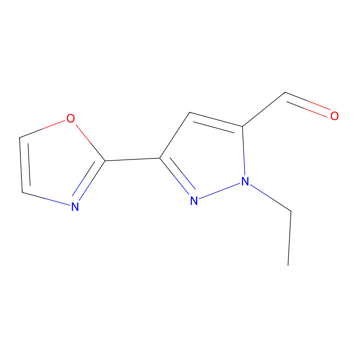 1-Ethyl-3-(1,3-oxazol-2-yl)-1H-pyrazole-5-carbaldehyde molecular structure, CAS 2092700-21-3