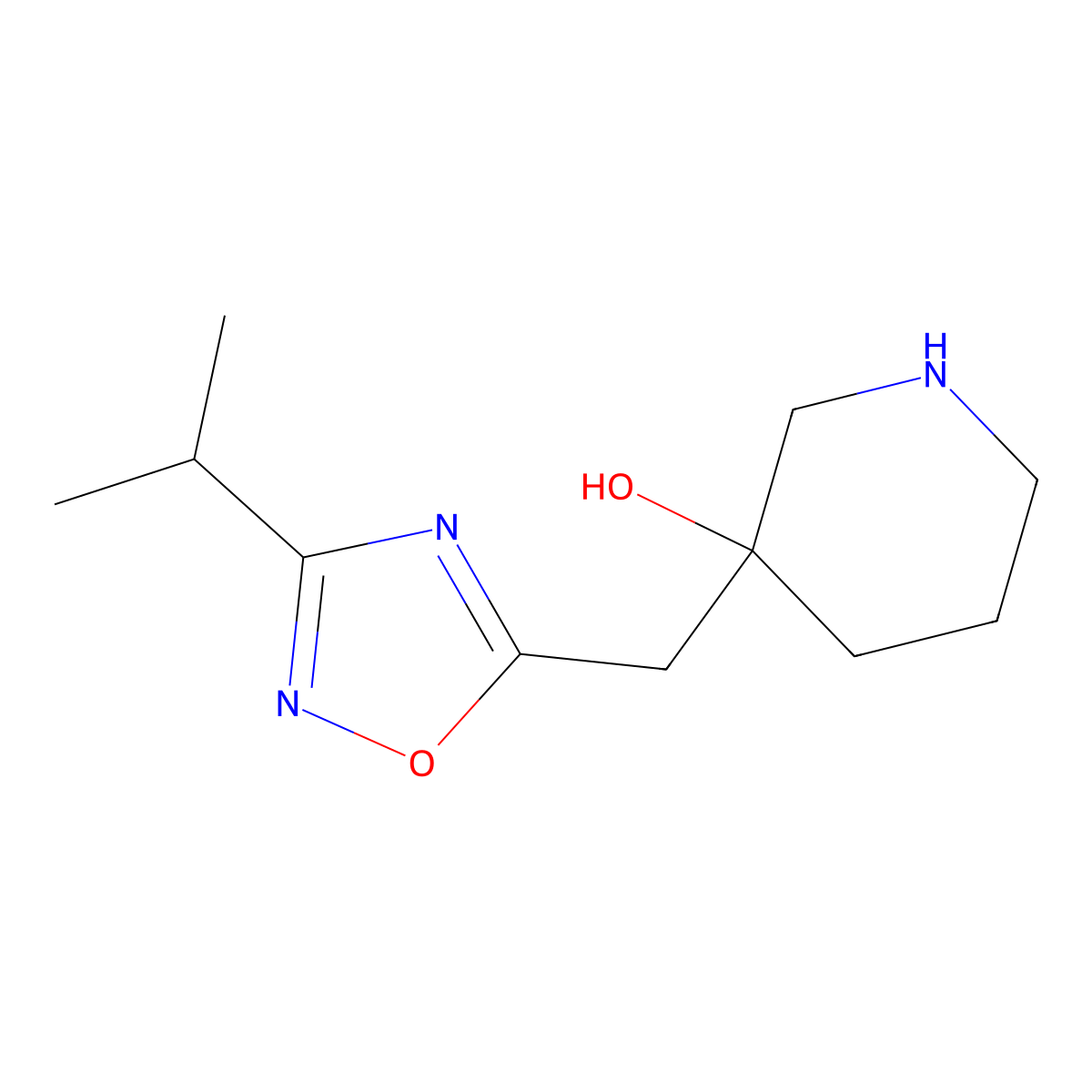 3-{[3-(Propan-2-yl)-1,2,4-oxadiazol-5-yl]methyl}piperidin-3-ol molecular structure, CAS 2092808-13-2