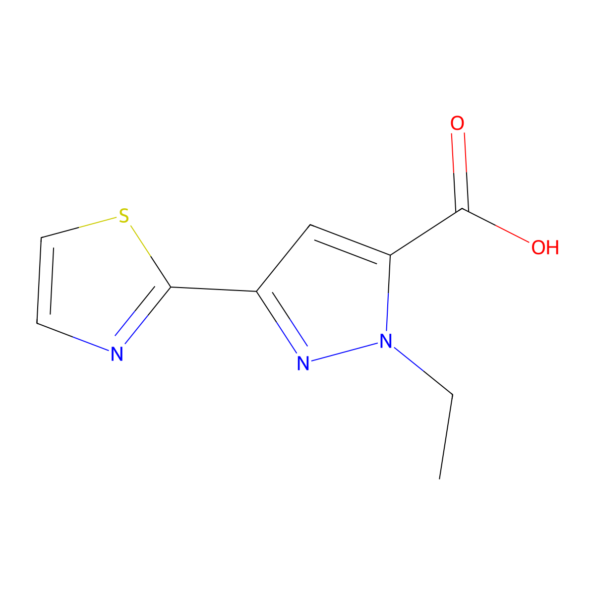 1-Ethyl-3-(1,3-thiazol-2-yl)-1H-pyrazole-5-carboxylic acid molecular structure, CAS 2092831-66-6