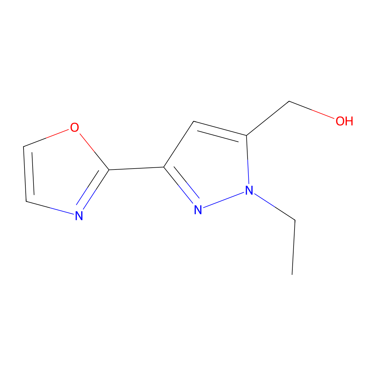 [1-Ethyl-3-(1,3-oxazol-2-yl)-1H-pyrazol-5-yl]methanol molecular structure, CAS 2092831-77-9