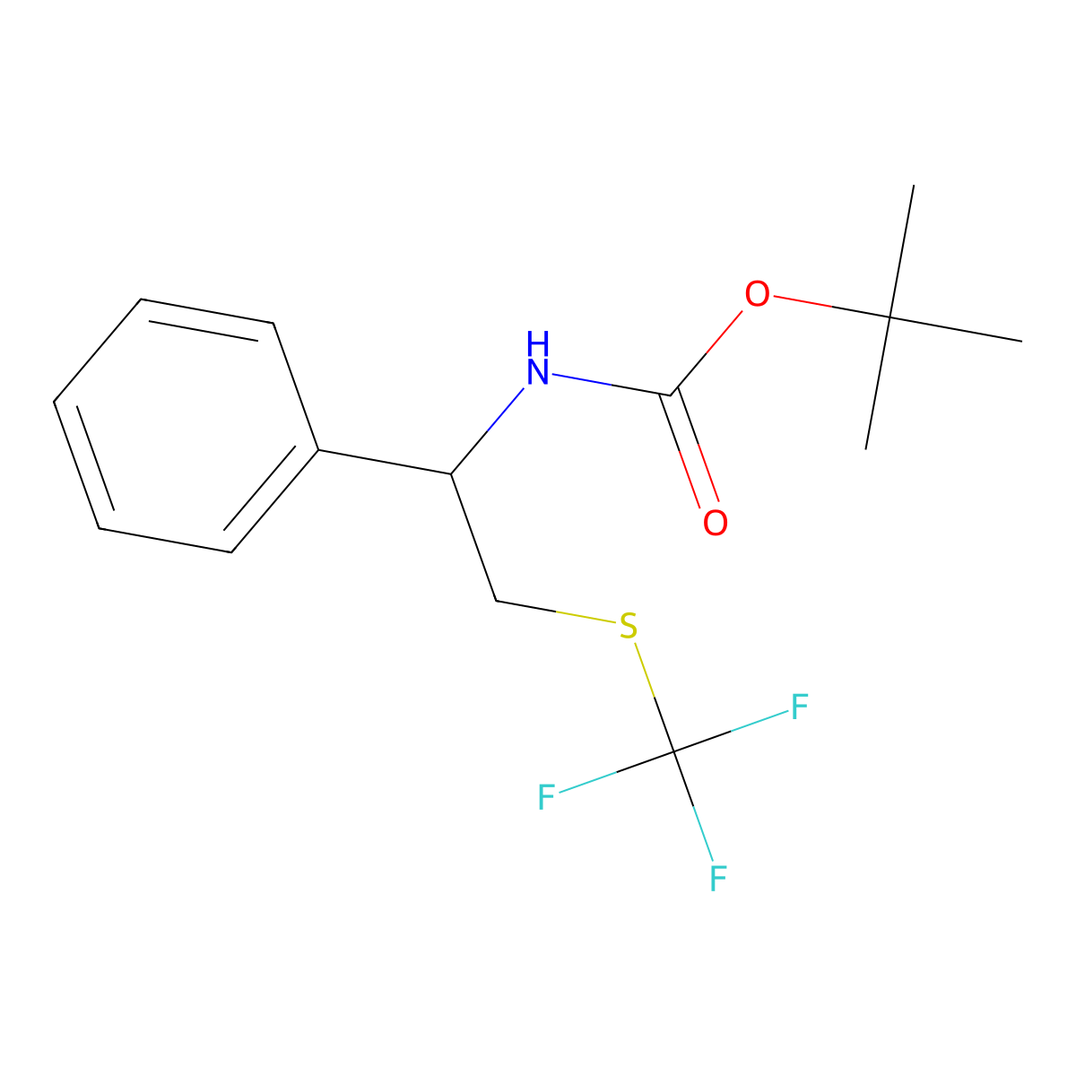 tert-Butyl (R)-(1-phenyl-2-((trifluoromethyl)thio)ethyl)carbamate molecular structure, CAS 2092899-90-4