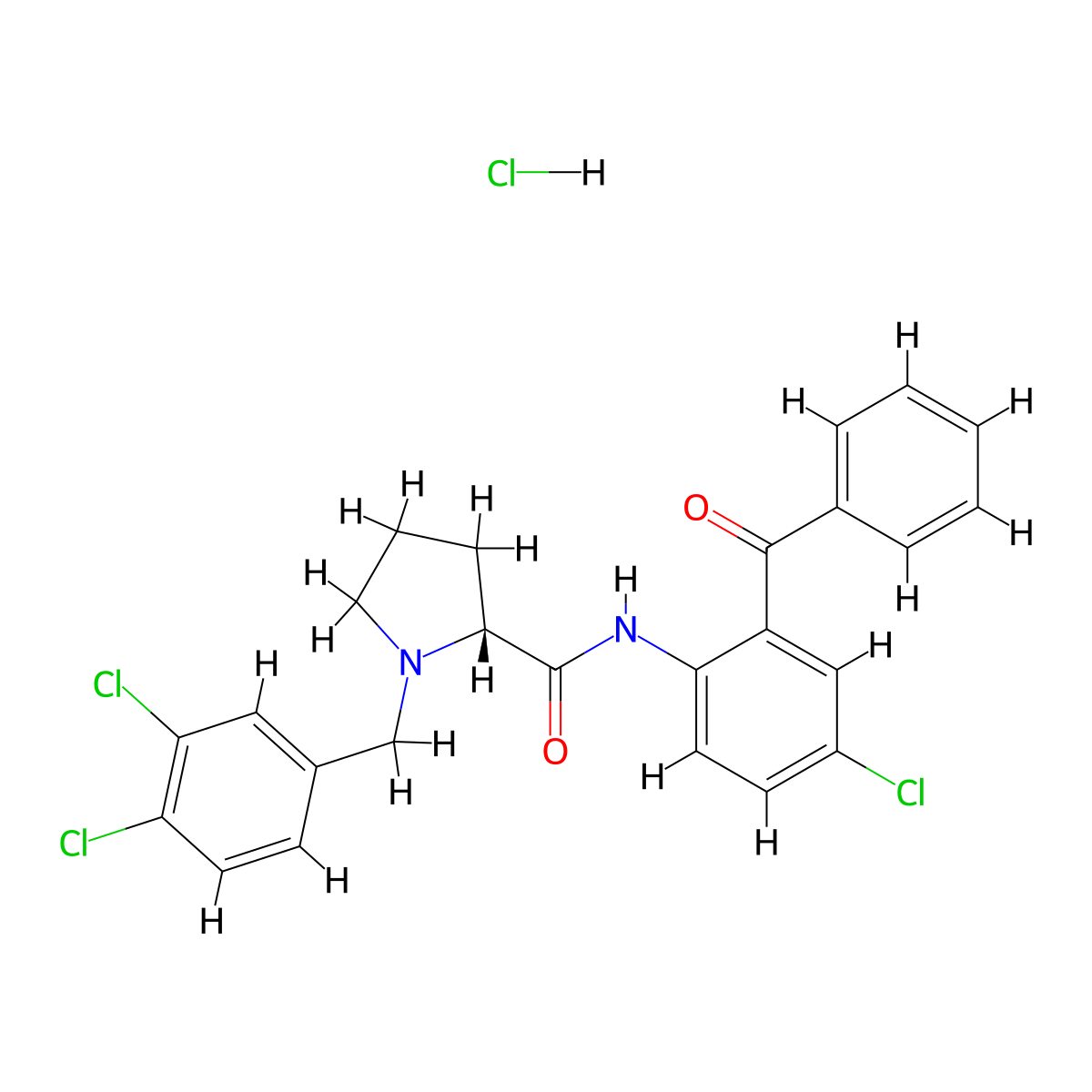 (2R)-N-(2-Benzoyl-4-chlorophenyl)-1-[(3,4-dichlorophenyl)methyl]pyrrolidine-2-carboxamide hydrochloride (recrystallized) molecular structure, CAS 2092917-39-8
