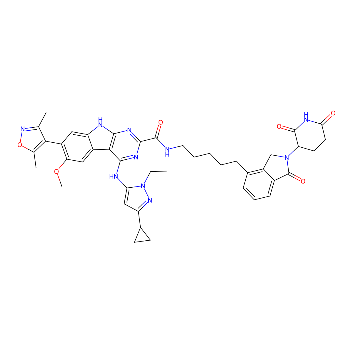 4-((3-Cyclopropyl-1-ethyl-1H-pyrazol-5-yl)amino)-7-(3,5-dimethylisoxazol-4-yl)-N-(5-(2-(2,6-dioxopiperidin-3-yl)-1-oxoisoindolin-4-yl)pentyl)-6-methoxy-9H-pyrimido[4,5-b]indole-2-carboxamide molecular structure, CAS 2093388-62-4