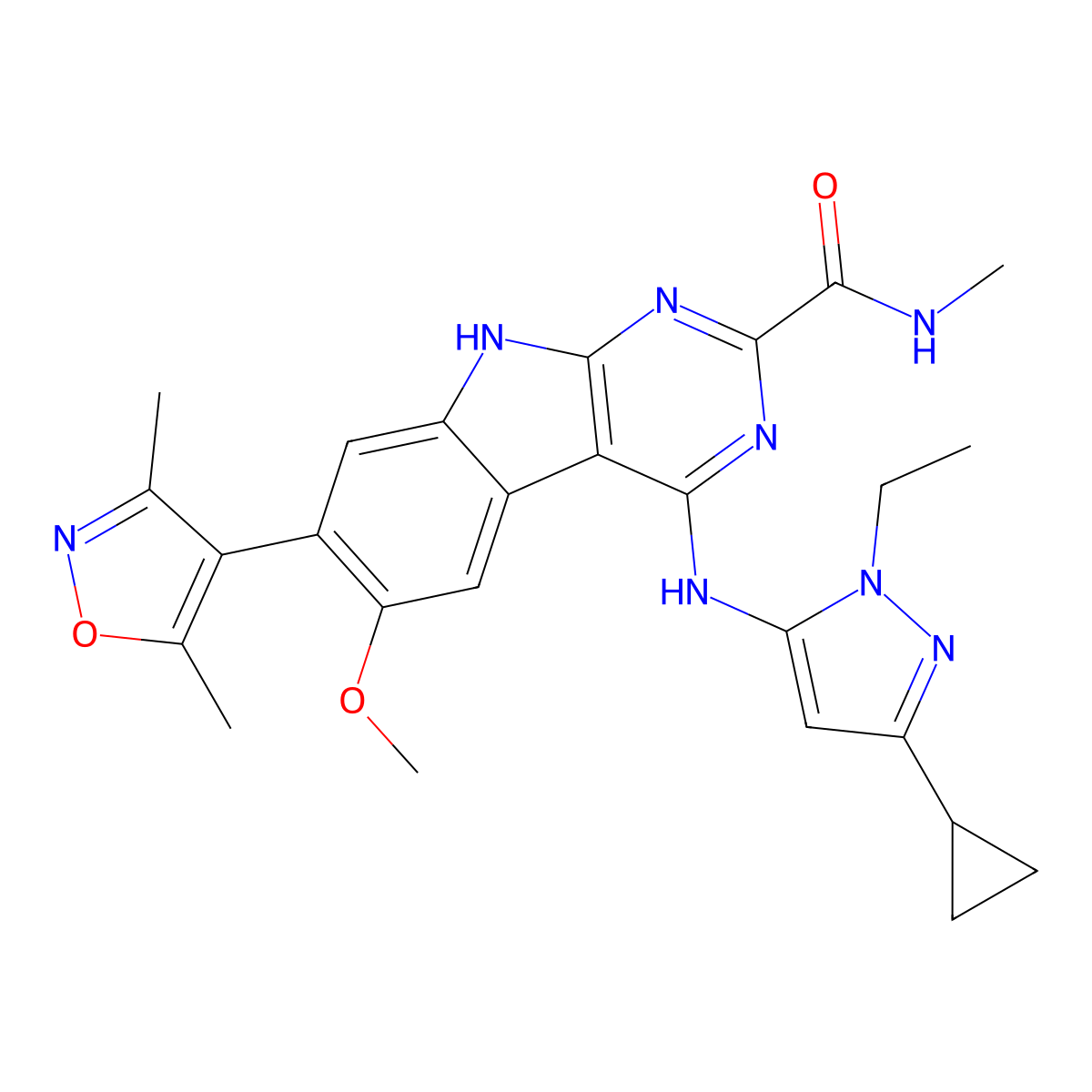 4-[(5-cyclopropyl-2-ethylpyrazol-3-yl)amino]-7-(3,5-dimethyl-1,2-oxazol-4-yl)-6-methoxy-N-methyl-9H-pyrimido[4,5-b]indole-2-carboxamide molecular structure, CAS 2093391-24-1
