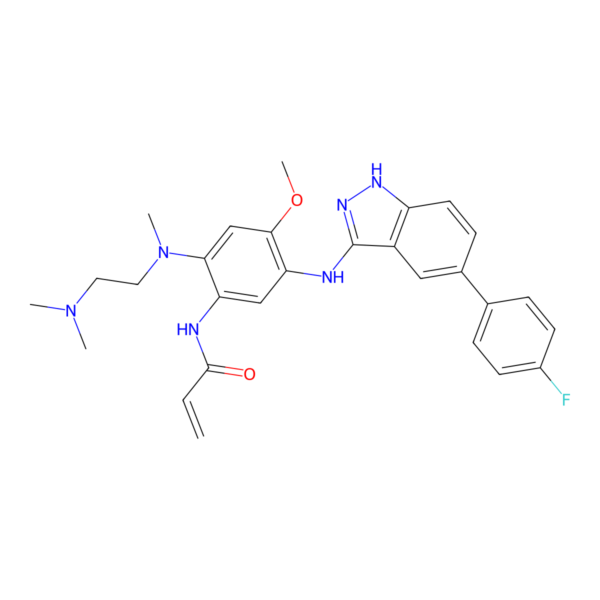 N-(2-((2-(dimethylamino)ethyl)(methyl)amino)-5-((5-(4-fluorophenyl)-1H-indazol-3-yl)amino)-4-methoxyphenyl)acrylamide molecular structure, CAS 2093395-24-3