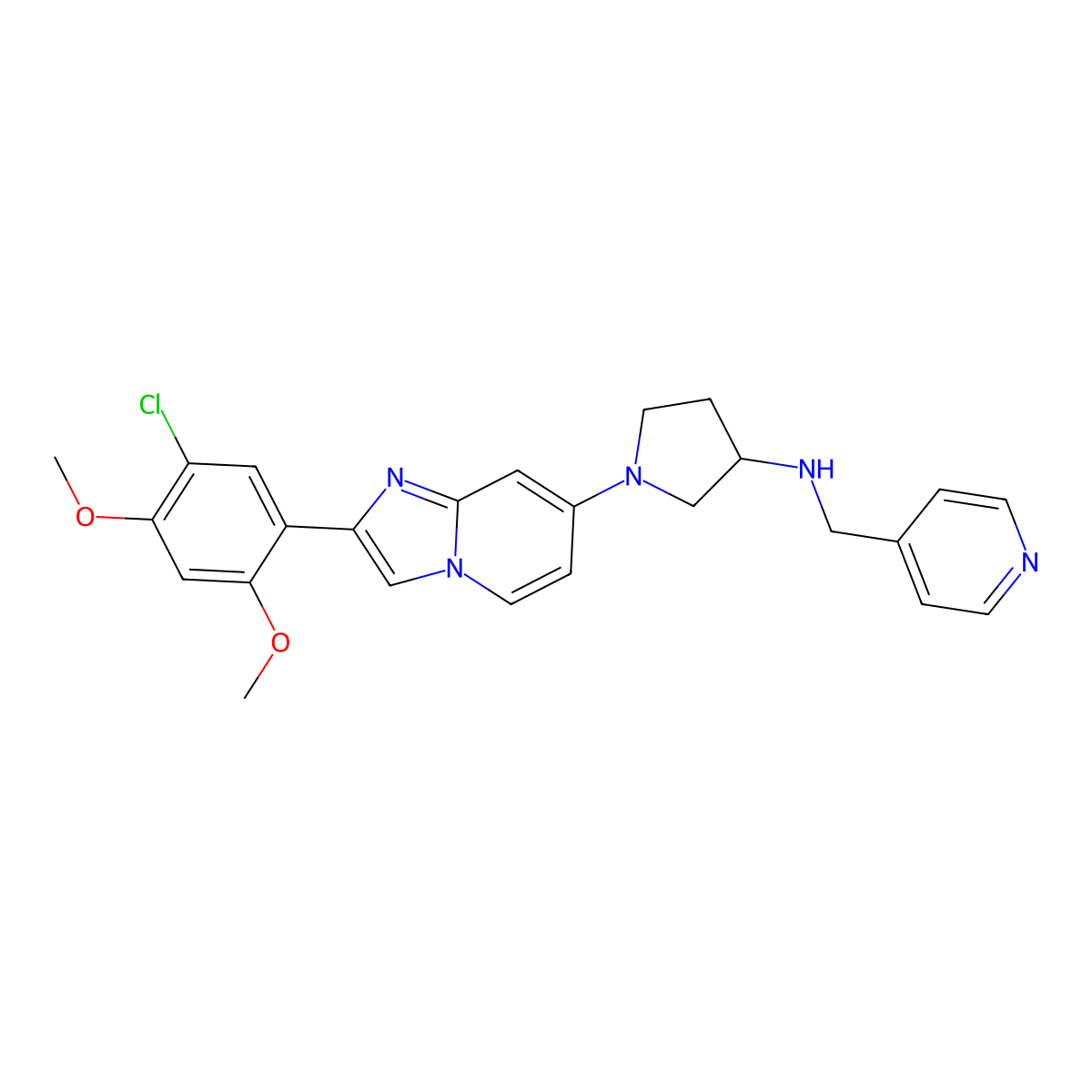 (S)-1-(2-(5-Chloro-2,4-dimethoxyphenyl)imidazo[1,2-a]pyridin-7-yl)-N-(pyridin-4-ylmethyl)pyrrolidin-3-amine molecular structure, CAS 2093400-18-9